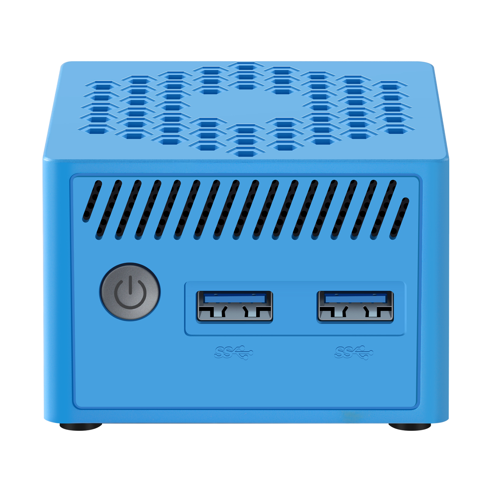 Un mini-PC azul con botón de encendido y puertos USB.
