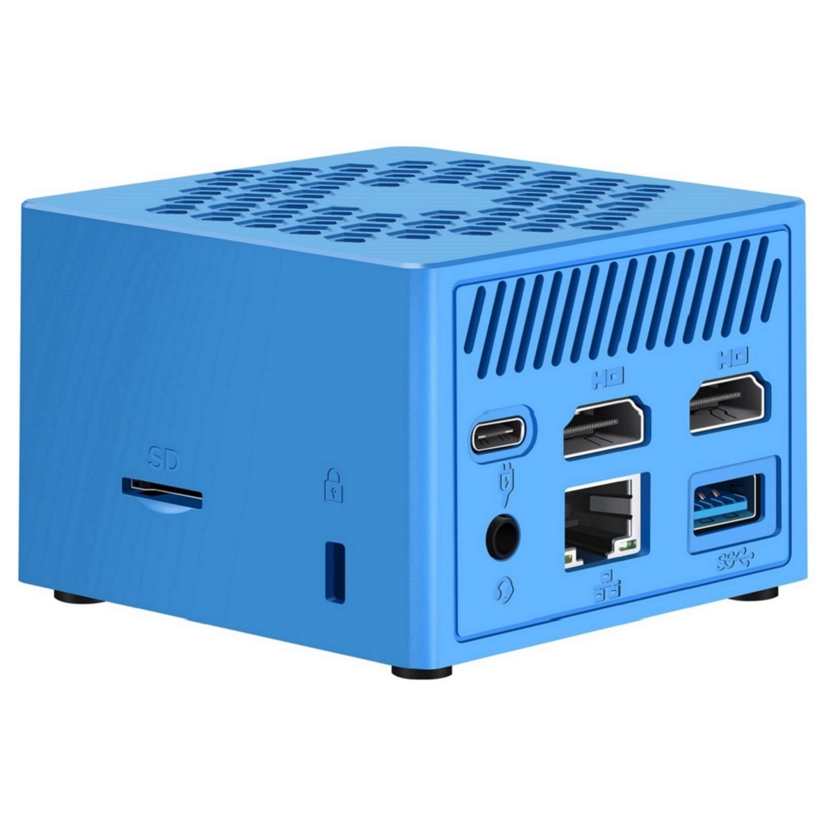 Una computadora cuadrada azul. Tiene varios puertos en el lateral. Se encuentra sobre una superficie blanca.