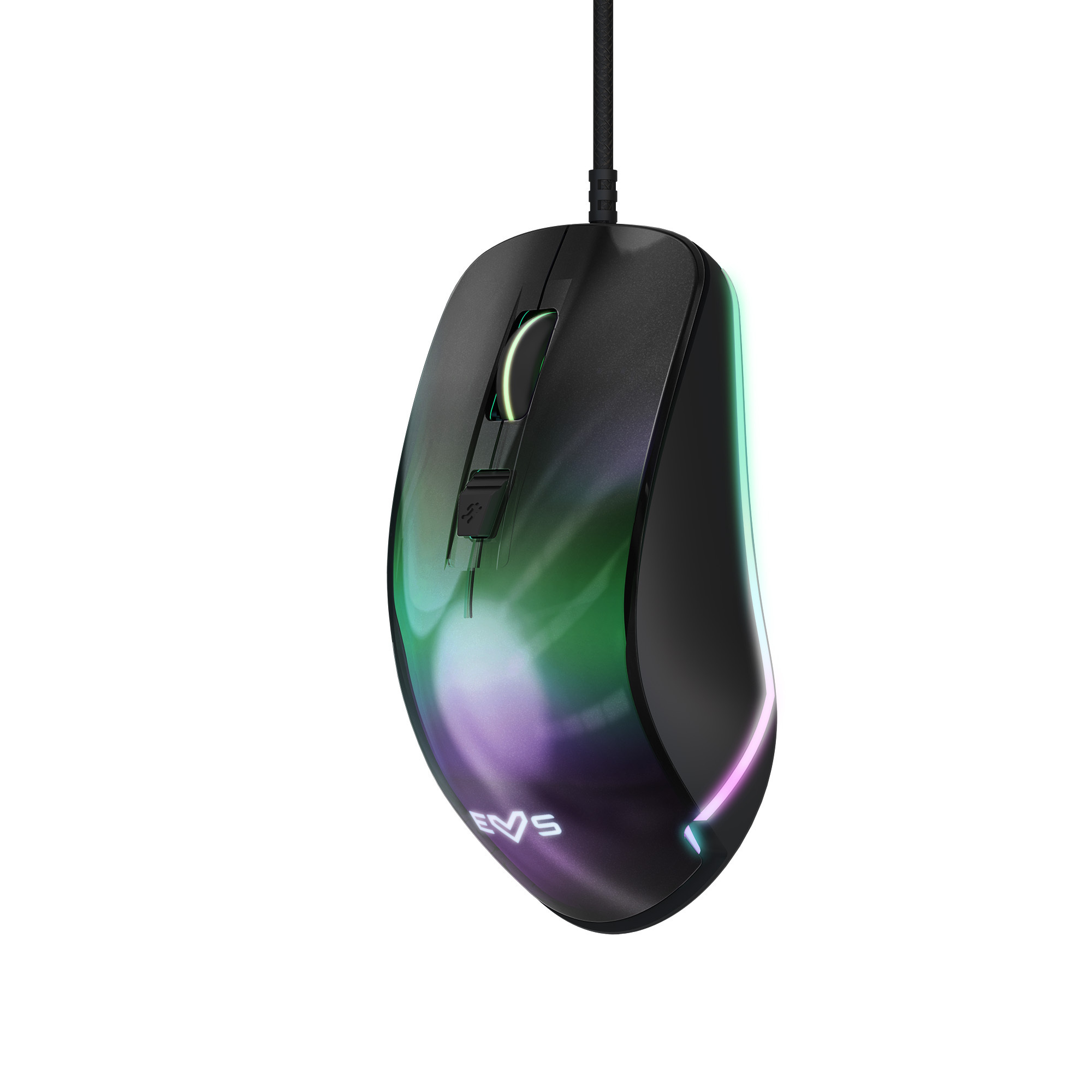 Schwarze Gaming-Maus mit farbigen Lichtern an der Seite. Kabel oben an der Maus befestigt.