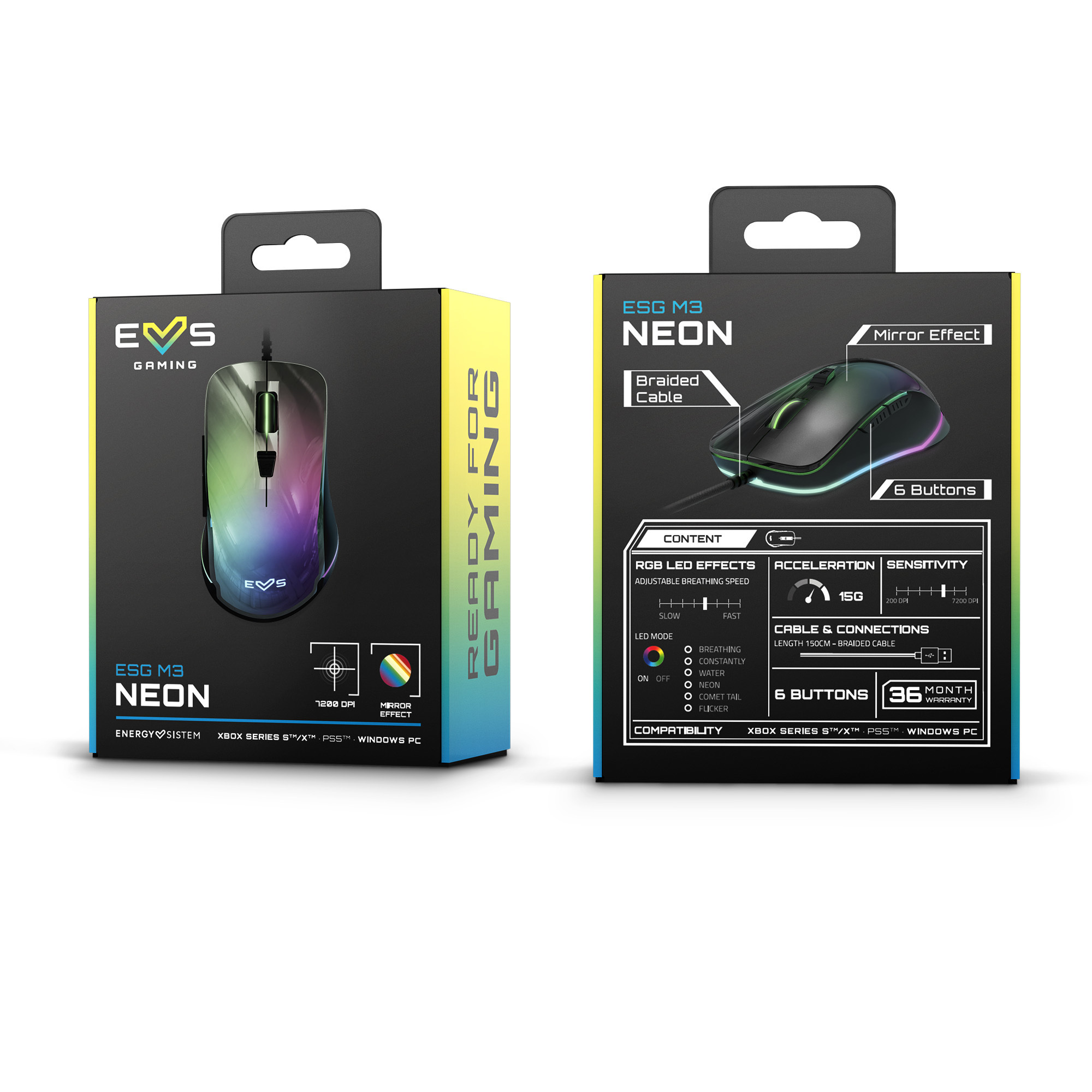 Zwei Schachteln einer Gaming-Maus. Die linke Schachtel zeigt die Maus mit RGB-Beleuchtung, die rechte Details.
