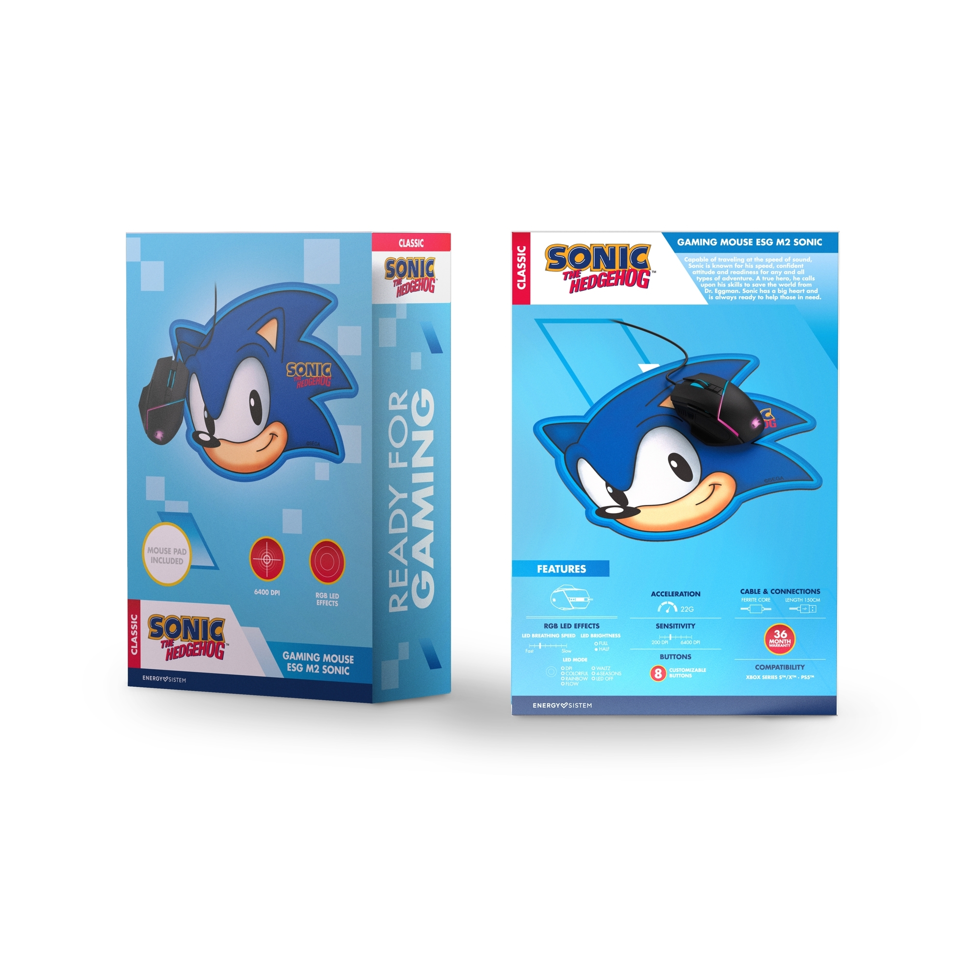 Gaming-Maus-Box mit Sonic the Hedgehog-Grafiken und passender Maus rechts.