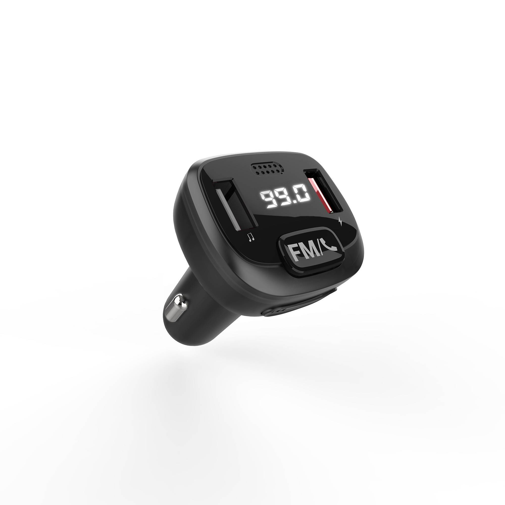 Transmisor FM para coche negro con pantalla que muestra 99.0 y botón FM/L.
