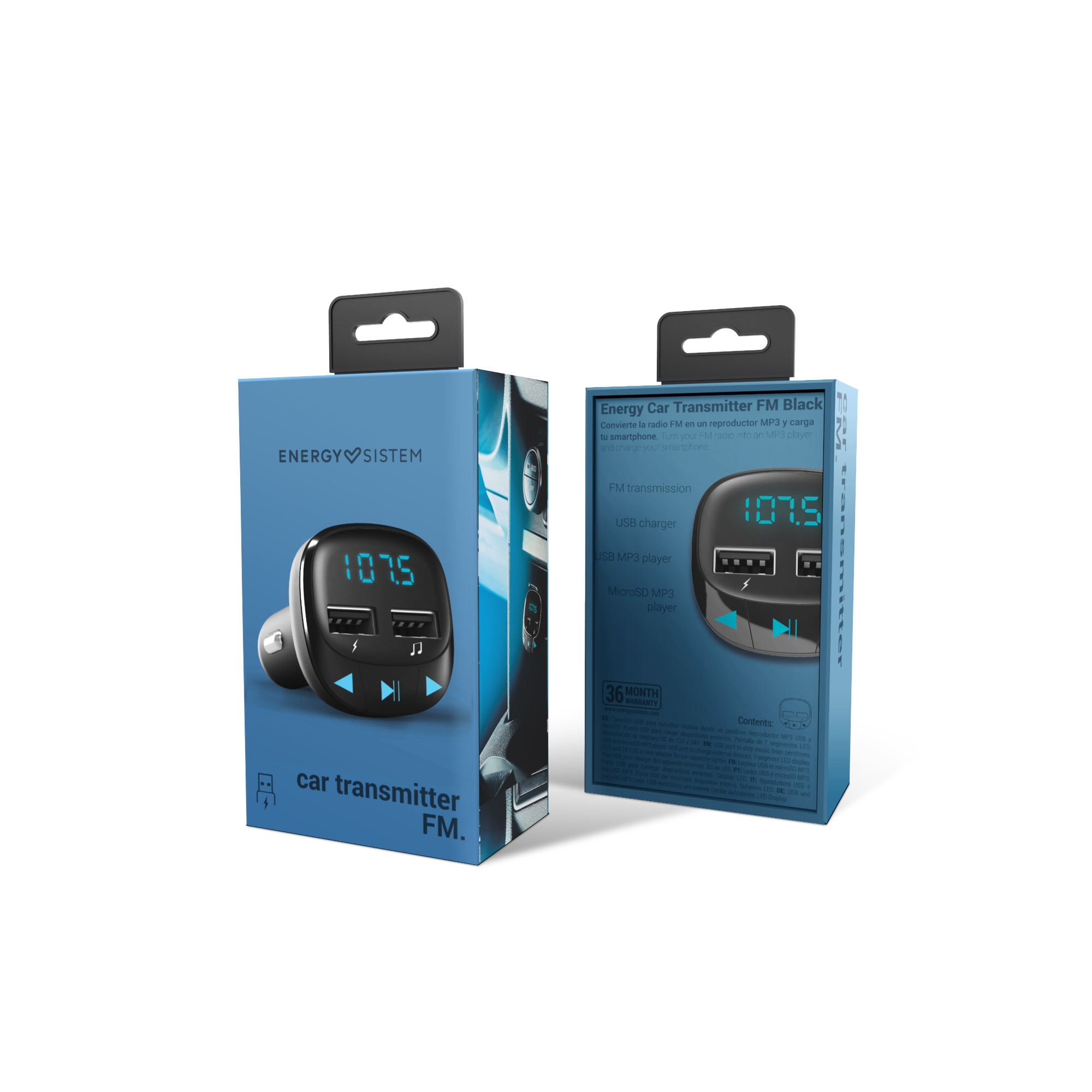 Dwa pudełka nadajników FM do samochodu. Każde z nich pokazuje urządzenie i odpowiednie informacje.