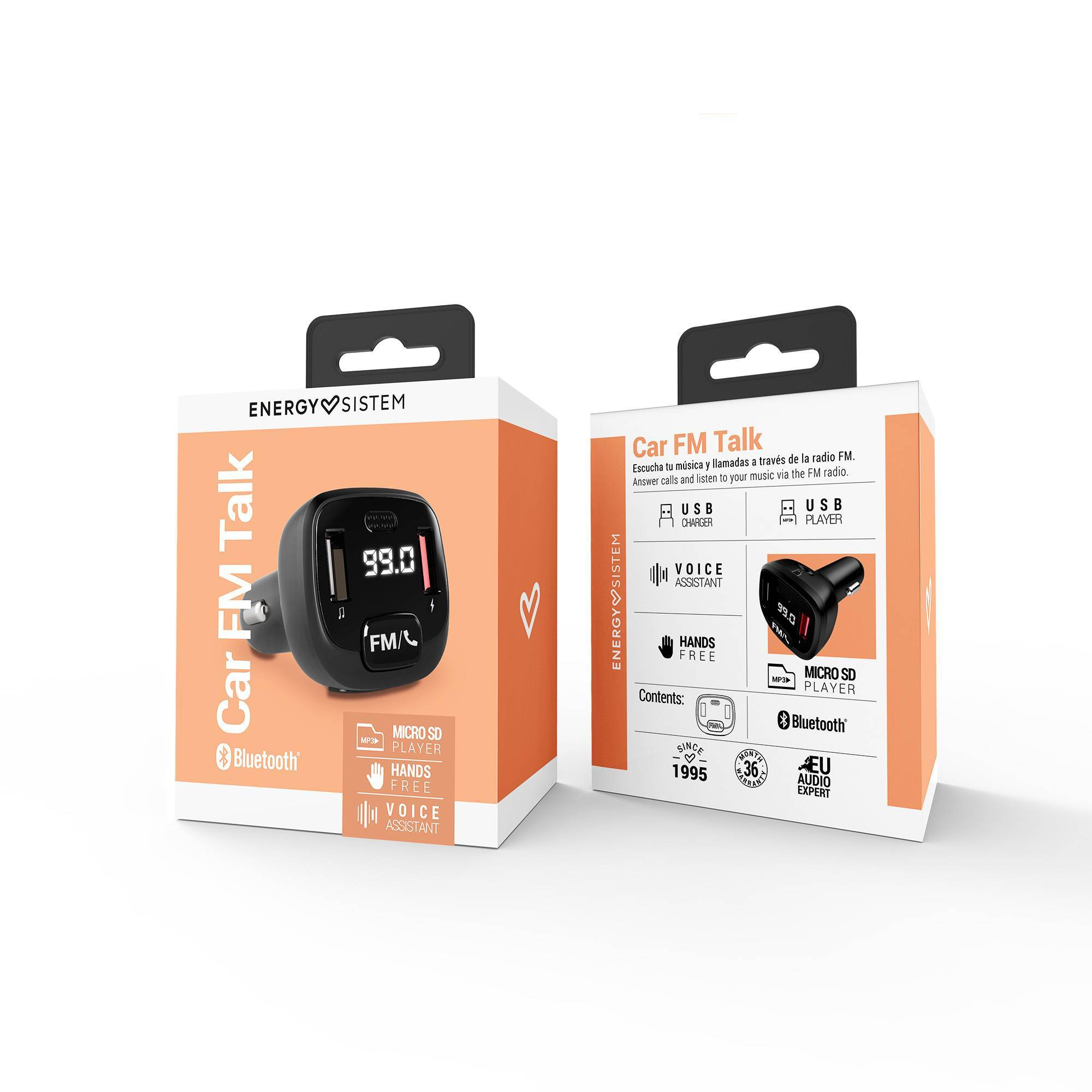 Dos cajas de un dispositivo de conversación FM para coche negro con pantalla y botones.