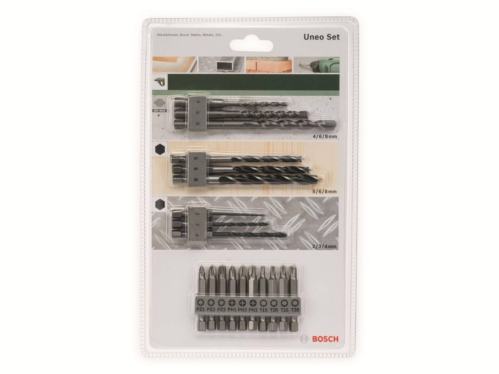 Zestaw wierteł Bosch Uneo Set w przezroczystym plastikowym opakowaniu.