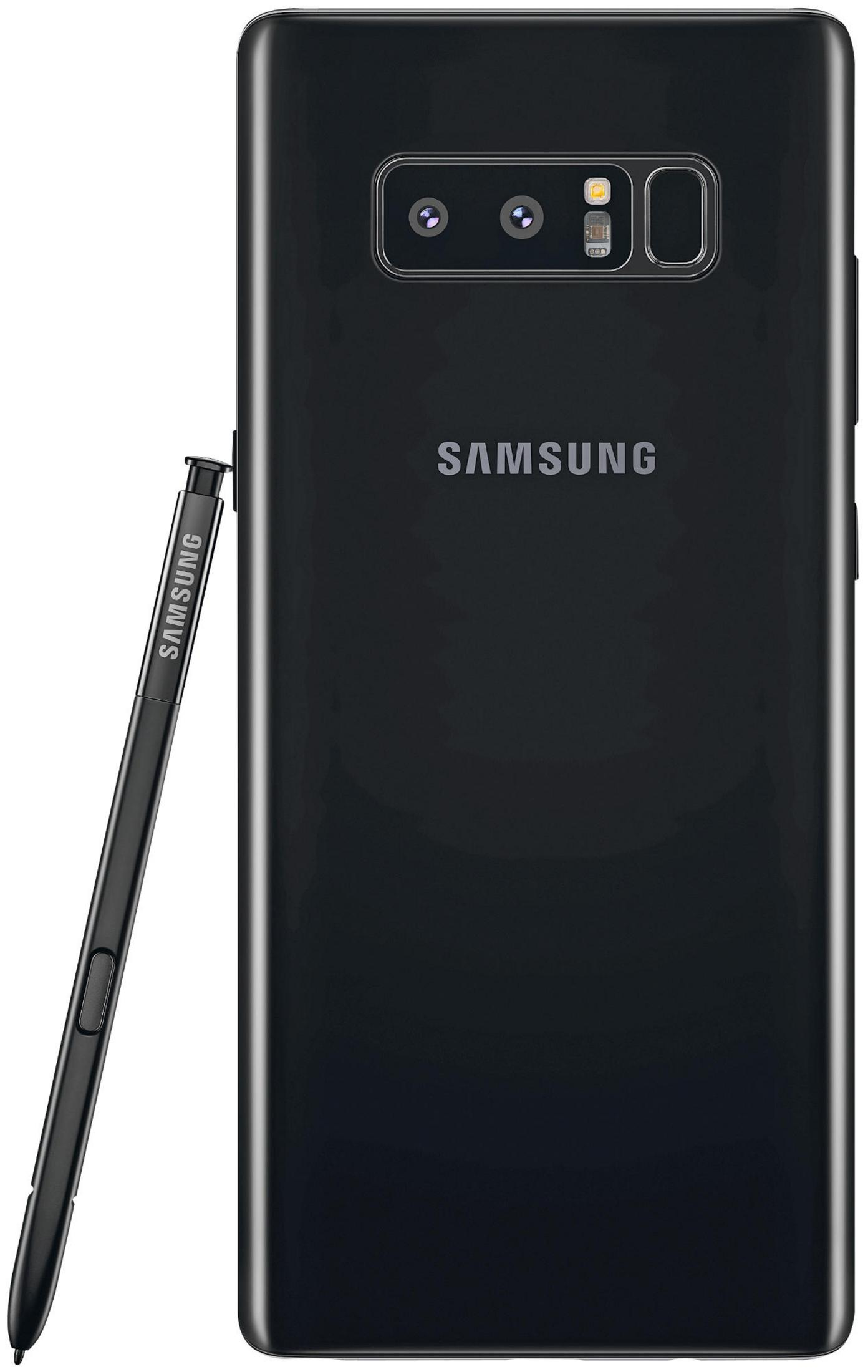Schwarzes Samsung-Telefon mit Stift. Kamera und Samsung-Logo sind sichtbar. Weißer Hintergrund.