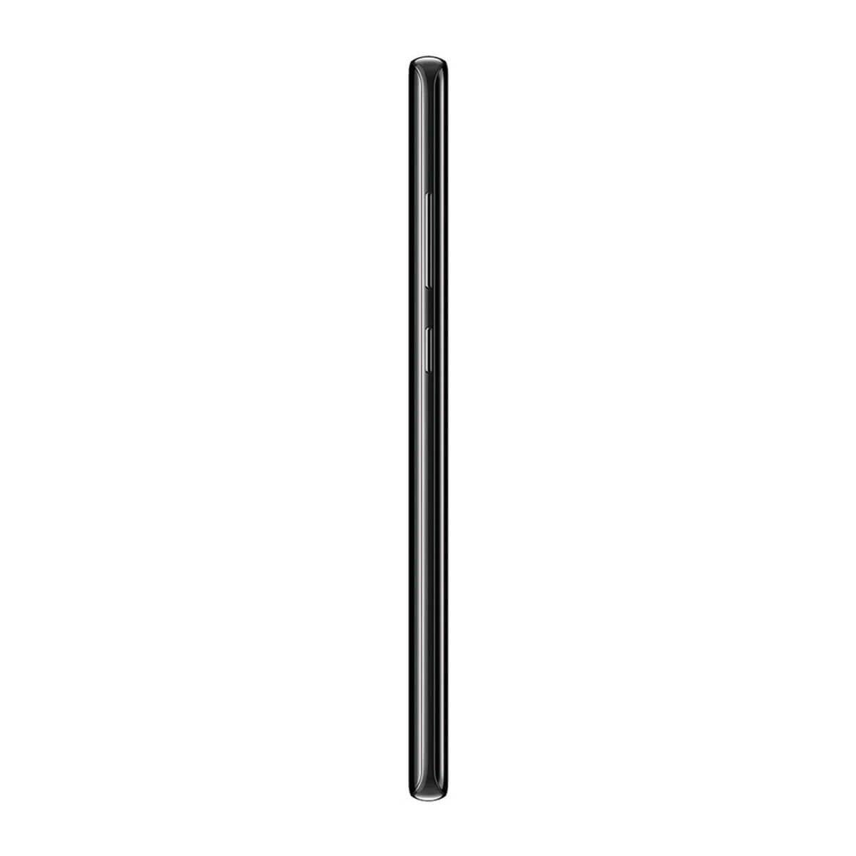 Seitenansicht eines schwarzen Telefons. Das Seitenprofil zeigt die Tasten und das schlanke Design.