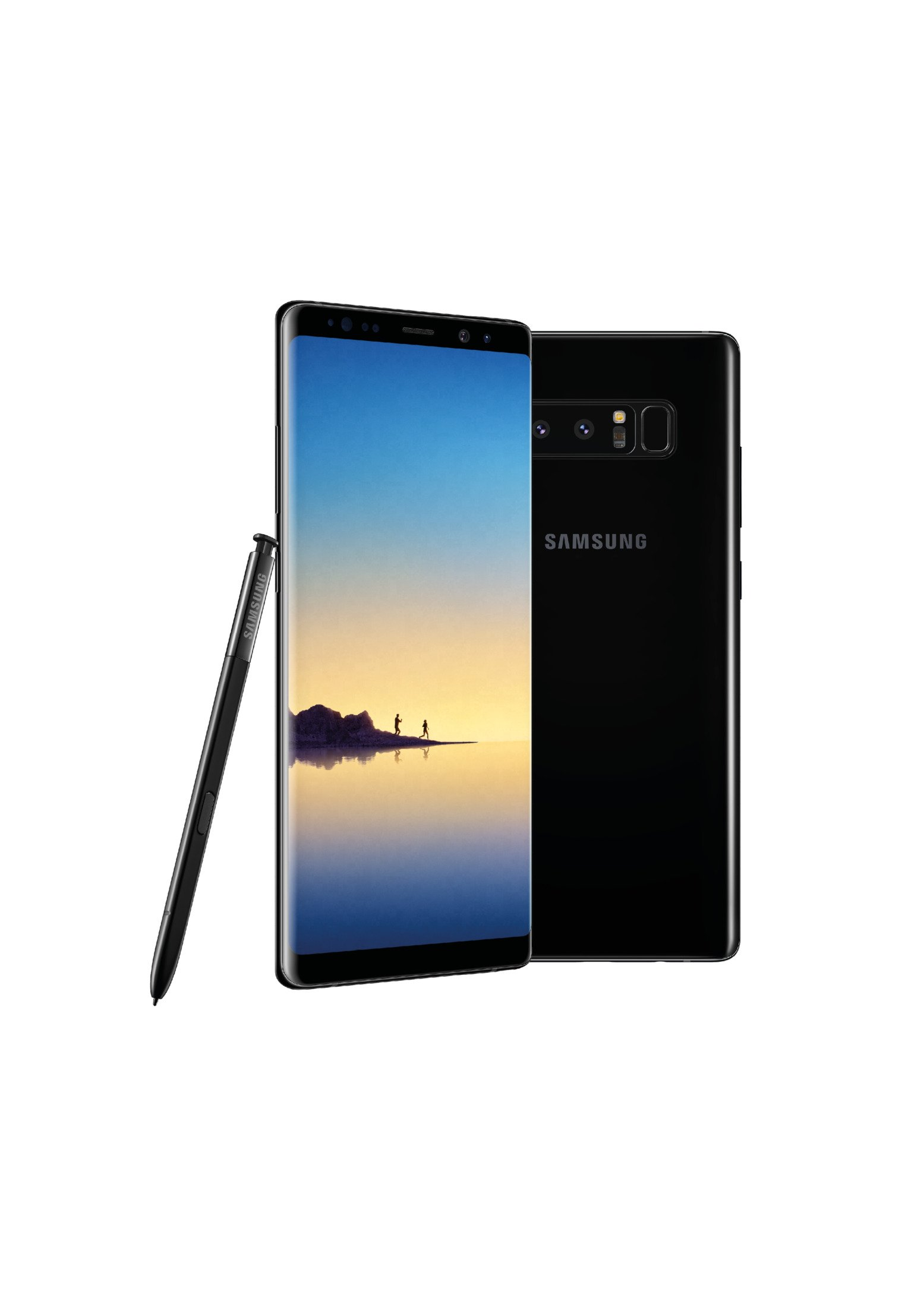 Schwarzes Telefon mit Stift. Der Bildschirm zeigt eine Landschaft. Ein anderes Telefon ist dahinter.