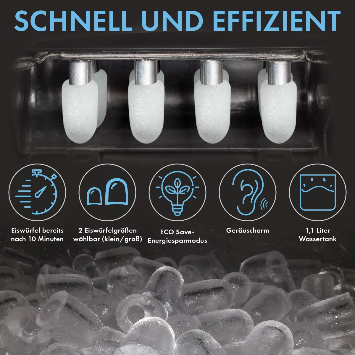 Maszyna do lodu, pokazująca produkcję kostek lodu. Tekst mówi 'Szybko i wydajnie'.