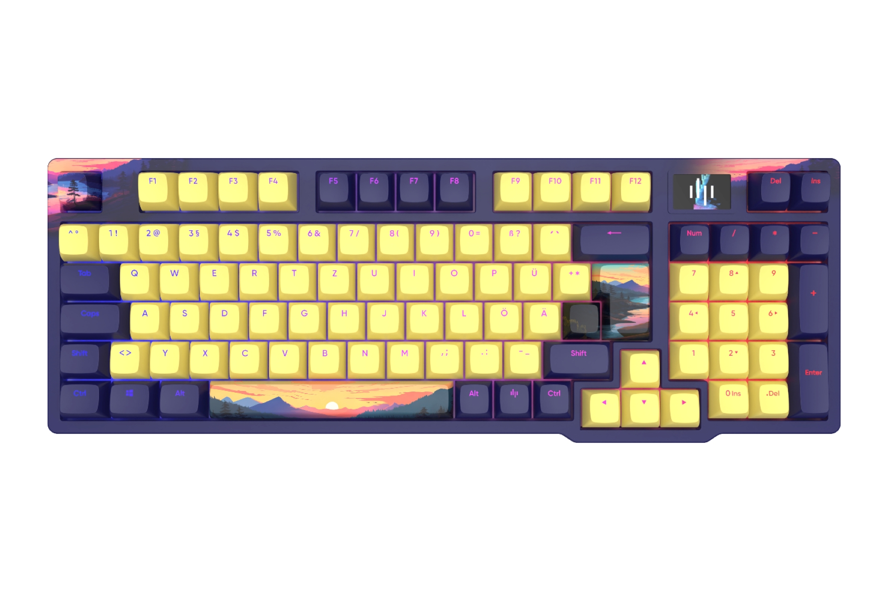 Tastatur mit gelben Tasten, lila Gehäuse und Landschaftsdesign.