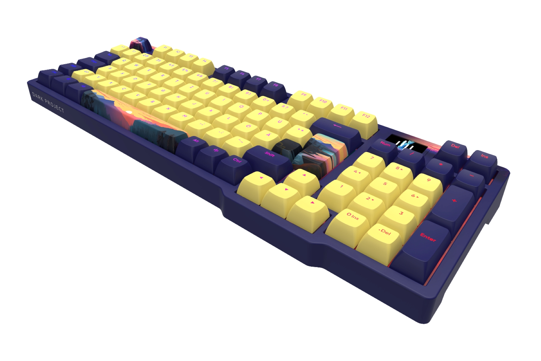 Gelbe und lila mechanische Tastatur. Weißer Hintergrund.