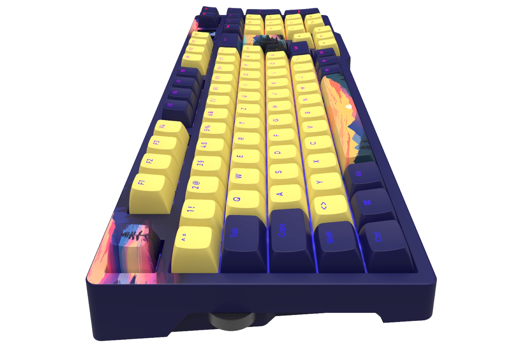 Eine mechanische Tastatur mit gelben und dunkelblauen Tasten, mit Landschaftsdesign.