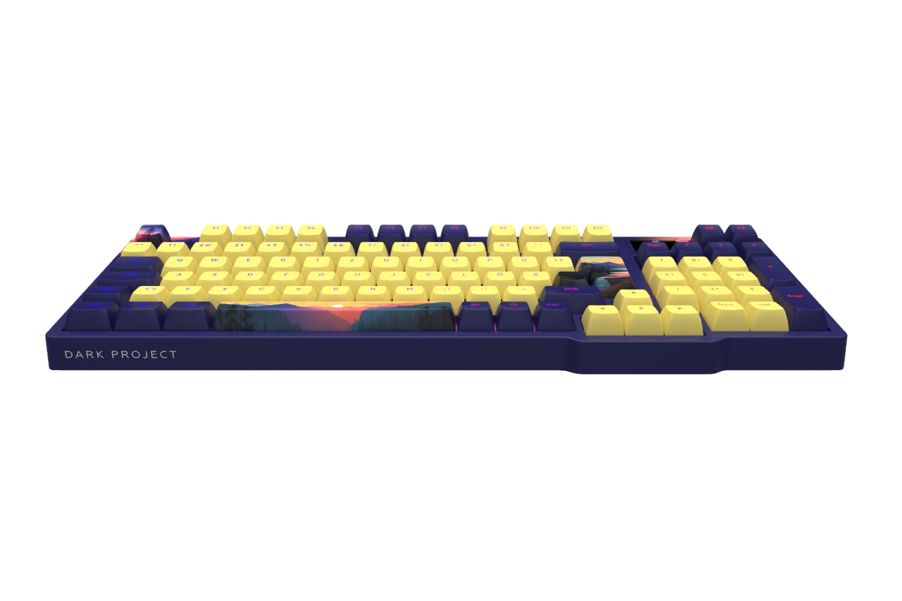 Tastatur mit gelben Tasten und dunkelblauem Rahmen, auf weißem Hintergrund.