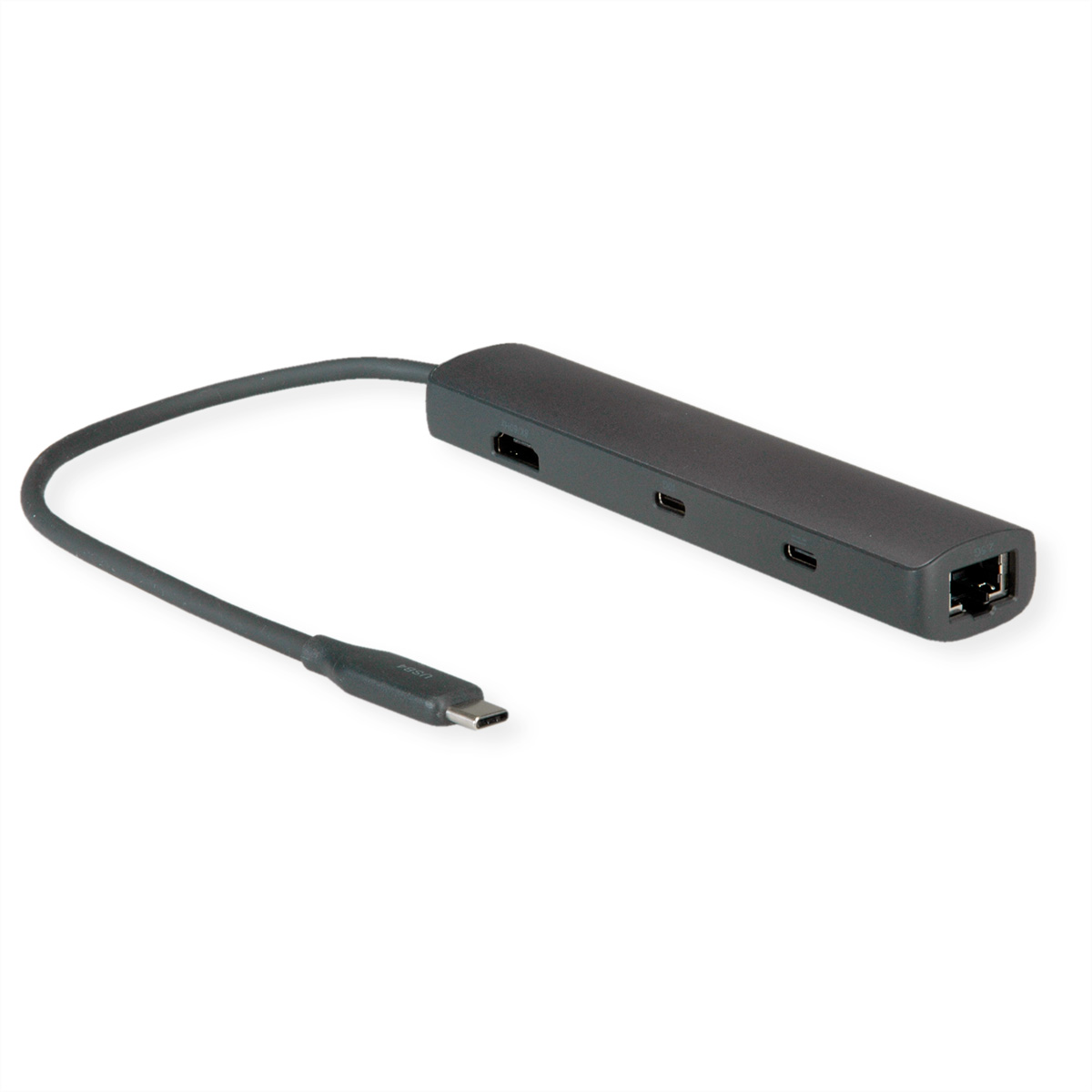 Hub noir avec plusieurs ports et un câble. Il dispose de ports HDMI, USB et Ethernet.