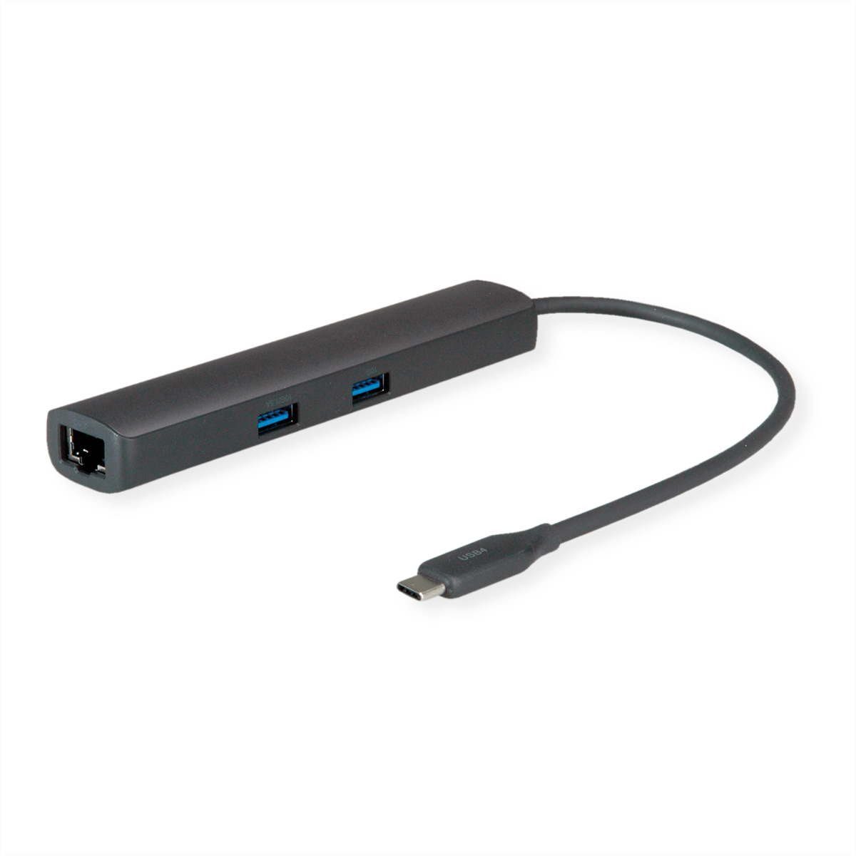 Un hub USB-C noir avec deux ports USB et un port Ethernet.