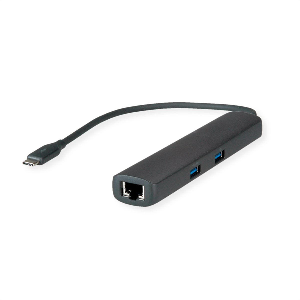 Un hub USB-C noir avec plusieurs ports. Il a un câble et est sur une surface blanche.