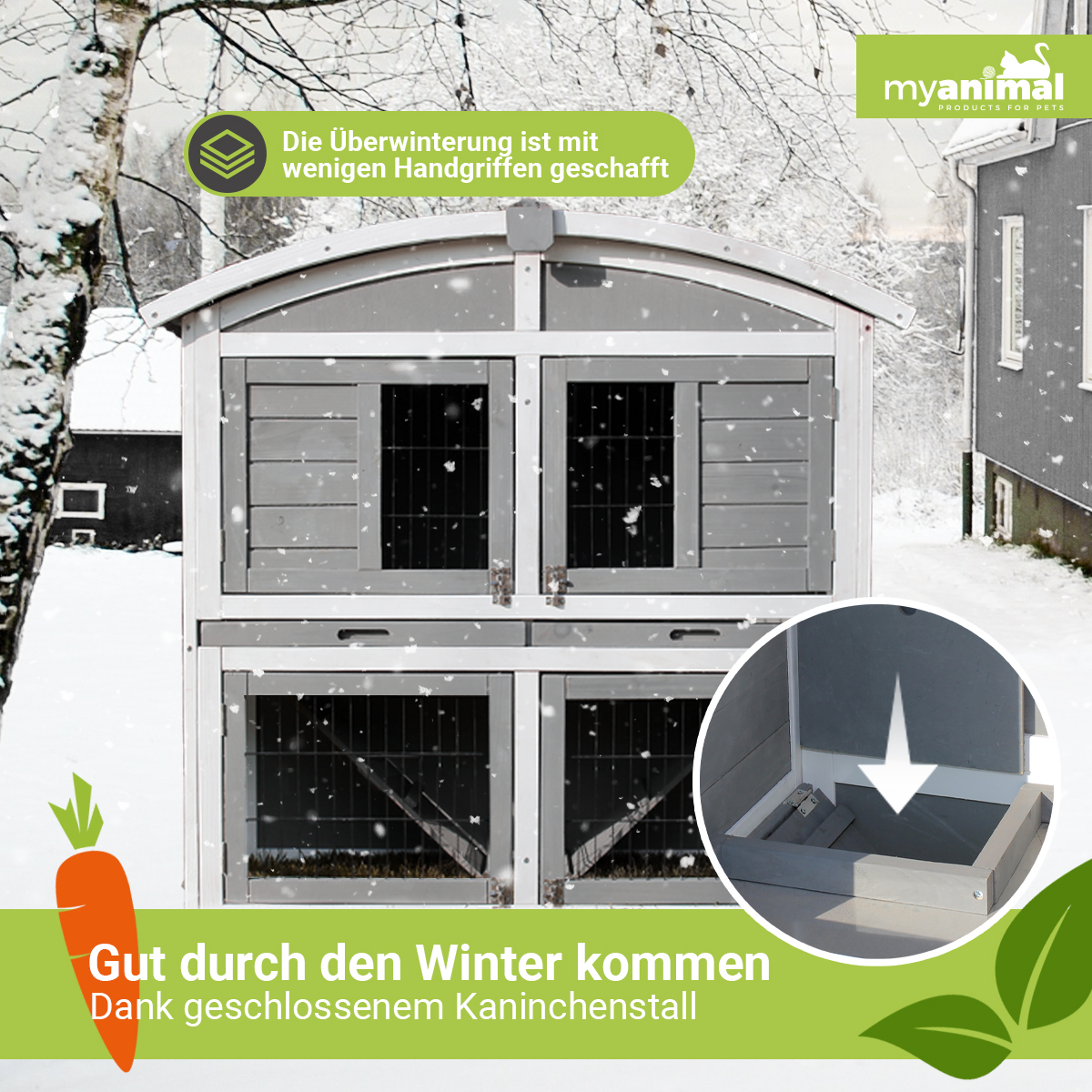 Kaninchenstall mit Karotte und Text. Er ist grau und weiß und in einer verschneiten Umgebung.