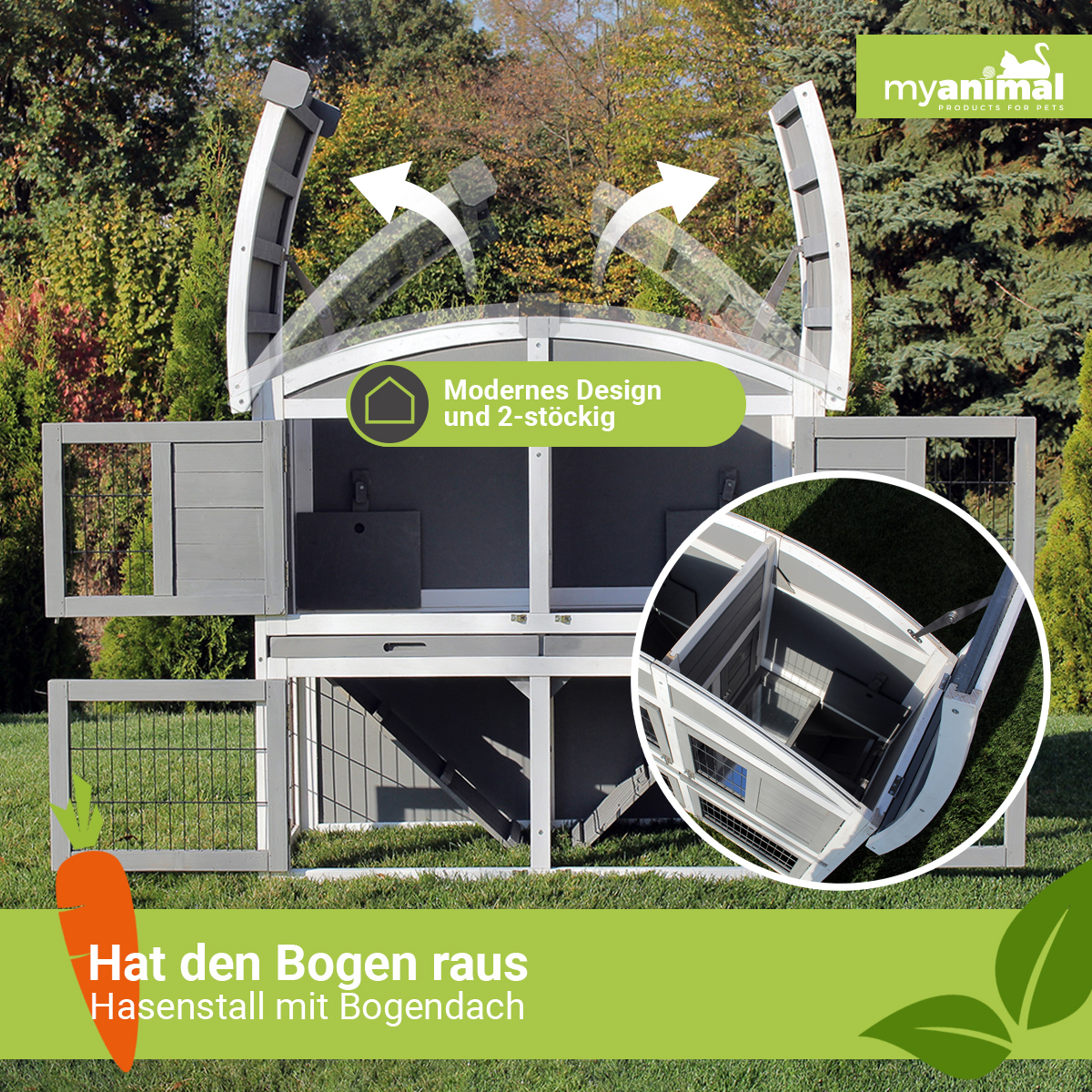 Ein zweistöckiger Kaninchenstall mit modernem Design und einer Karotte davor.