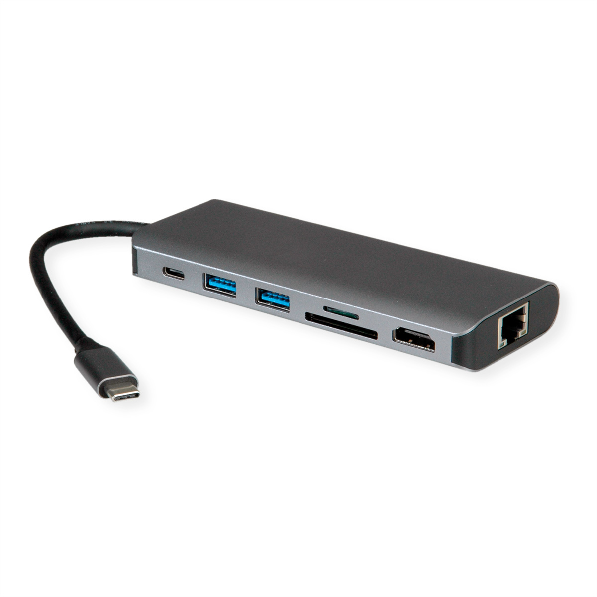 Un hub USB-C gris avec plusieurs ports, dont USB, HDMI et un lecteur de cartes.