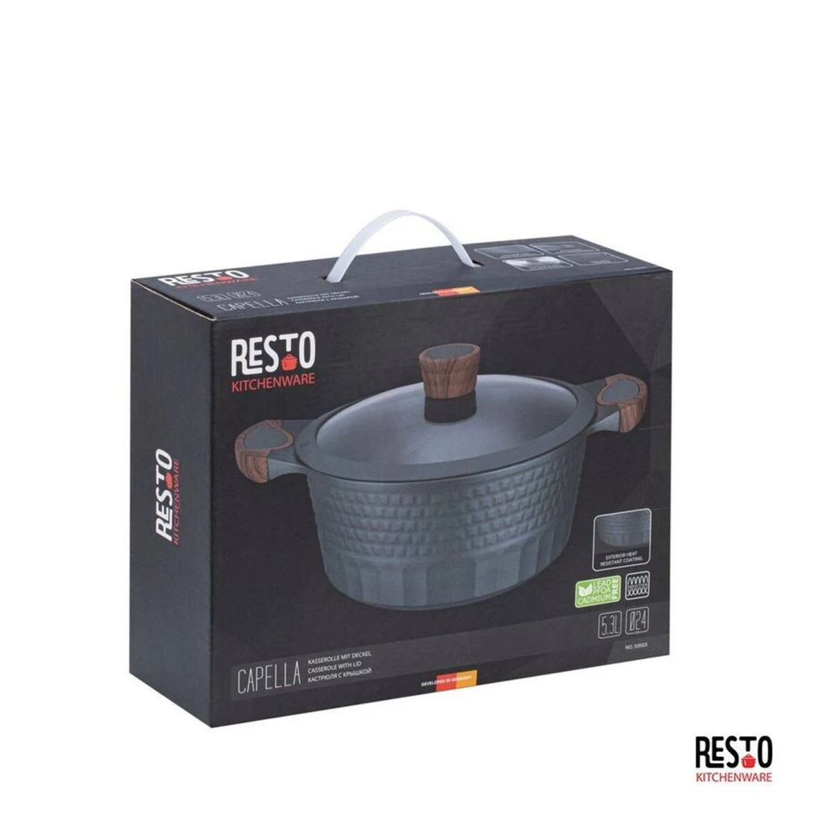 Una olla gris oscura con una caja negra. La caja dice Resto Kitchenware, Capella y más.