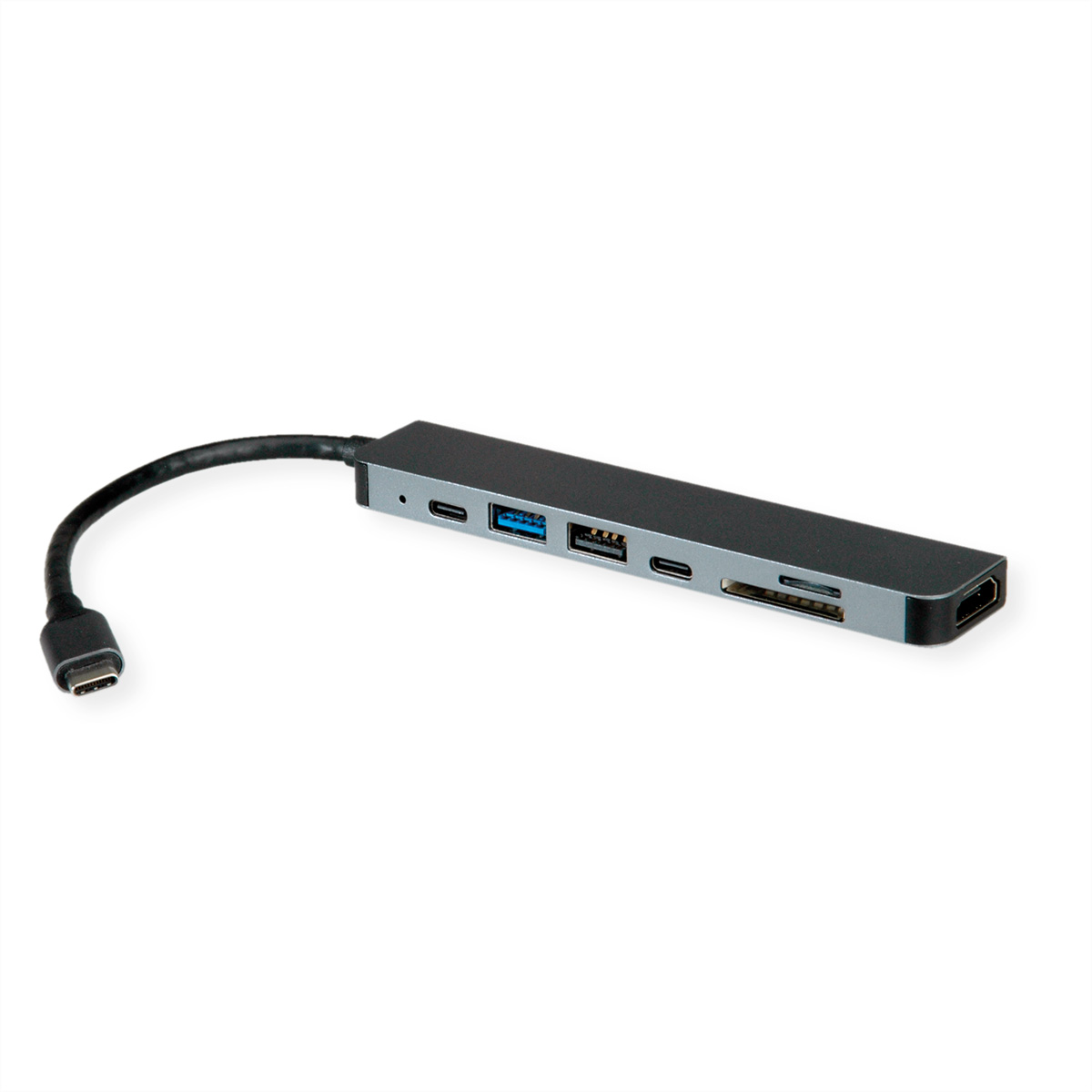 Un hub USB-C noir et gris avec plusieurs ports : USB, USB-C, HDMI et lecteur de carte. Il est sur un fond blanc.