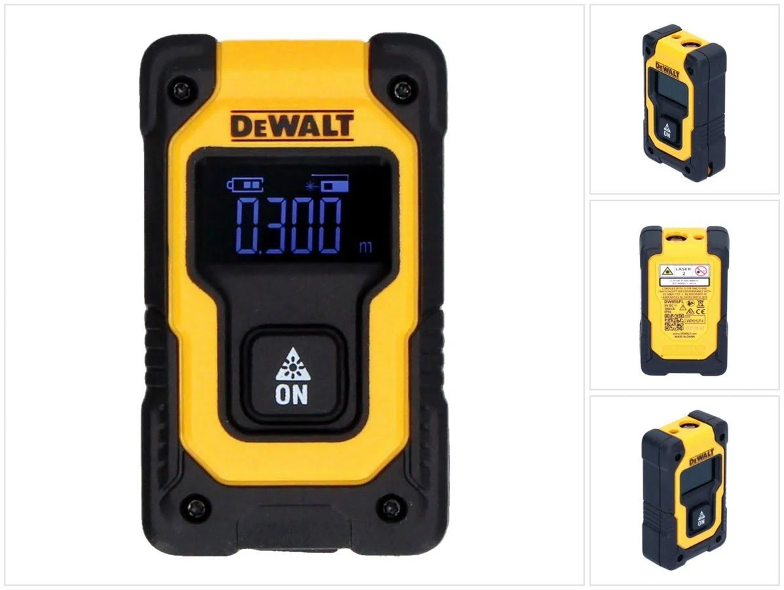 Un medidor de distancia láser DeWalt negro y amarillo con una pantalla digital y otras vistas.
