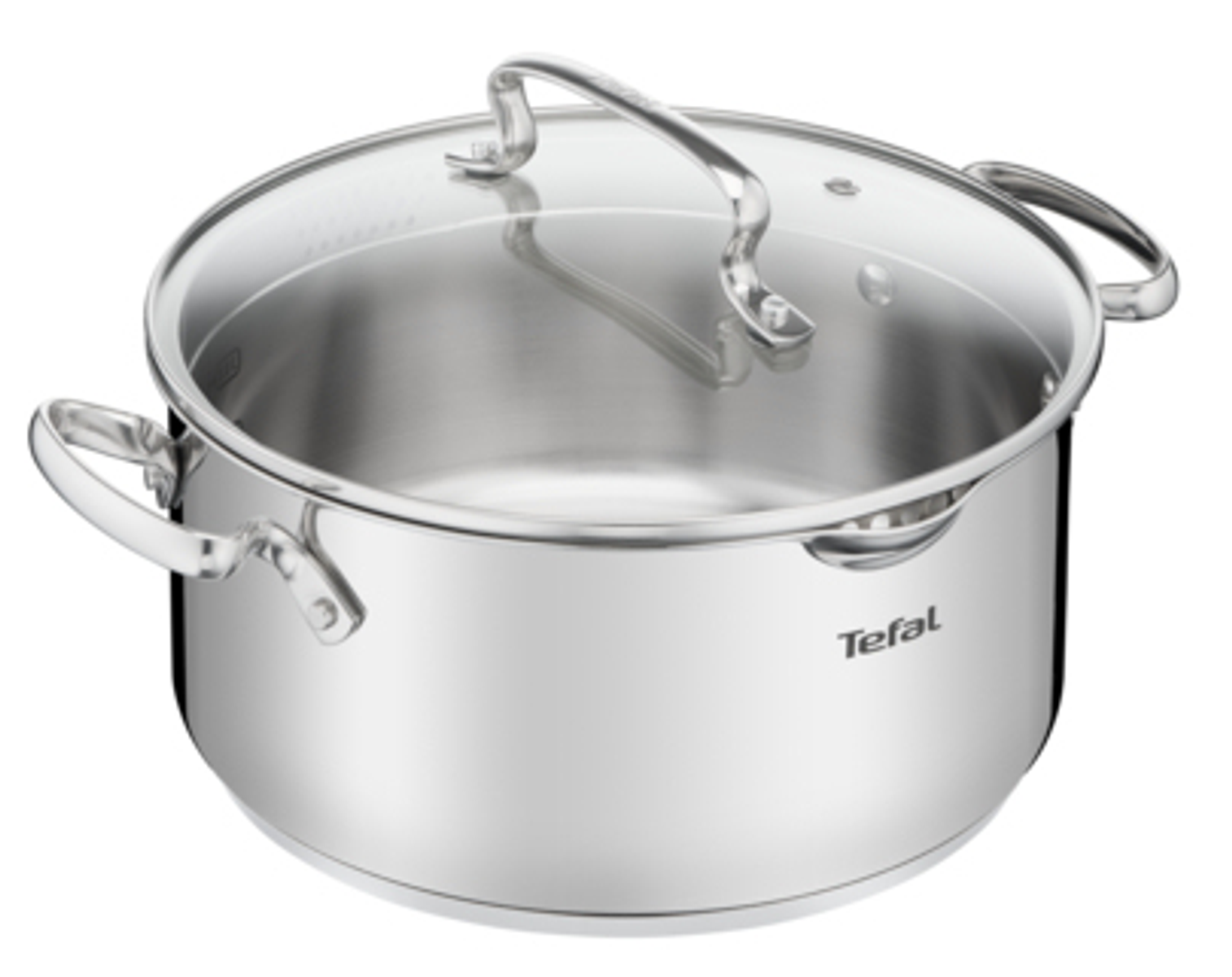 Olla de acero inoxidable con tapa de cristal. Tiene dos asas y el logotipo de Tefal.