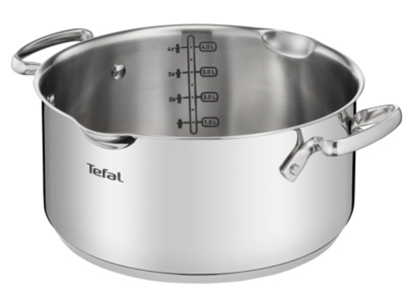 Olla de acero inoxidable con marcas de medición. Hay asas laterales. La olla tiene un logo de Tefal.