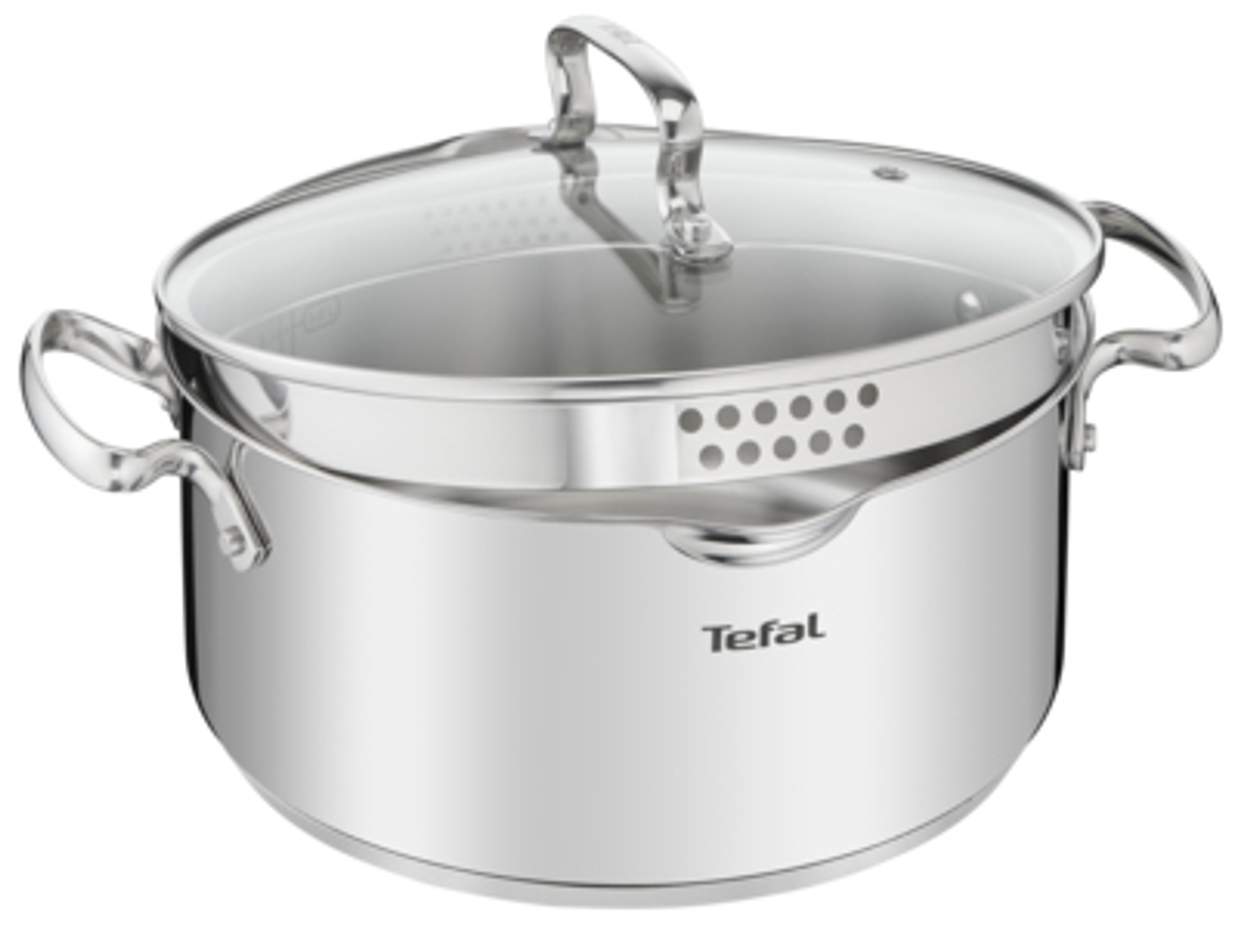 Una olla de acero inoxidable con tapa de cristal y una cesta de vaporera en el interior. La marca es Tefal.