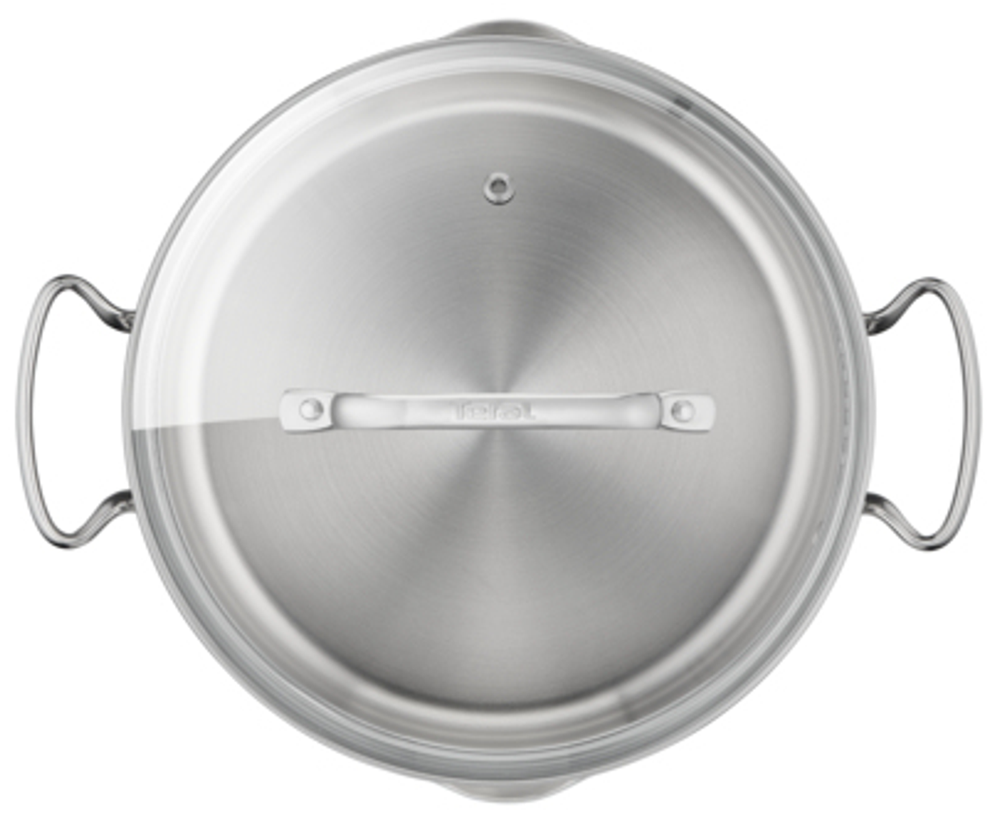 Una olla de acero inoxidable con tapa de vidrio. Tiene una manija. Fondo blanco.