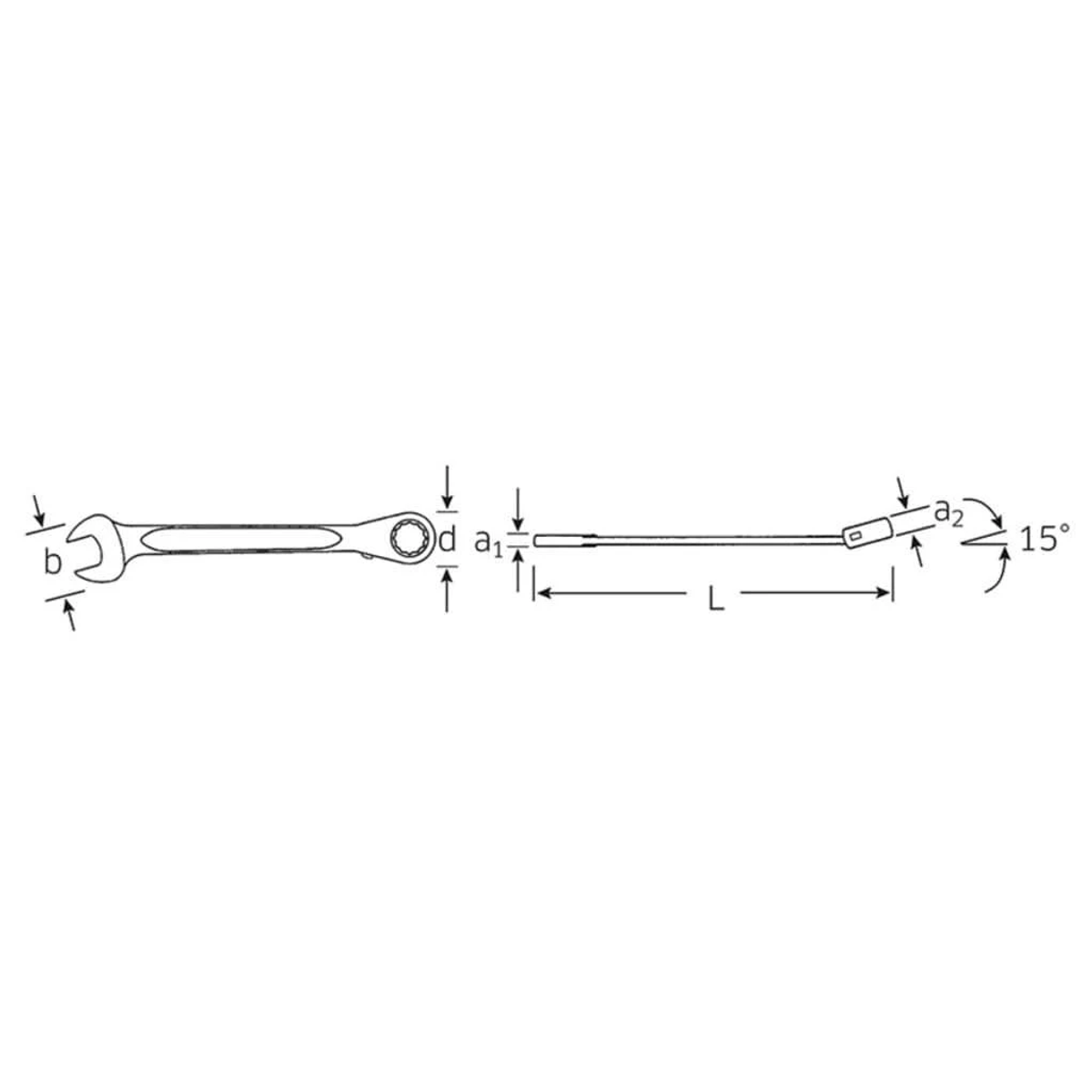 Una llave inglesa, con extremos abiertos y de caja, y un eje recto. Flechas y ángulos muestran dimensiones.