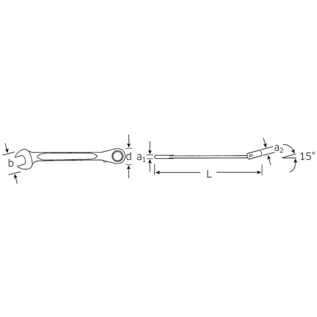 Diagrama de una llave inglesa. Muestra dimensiones, ángulos y medidas.