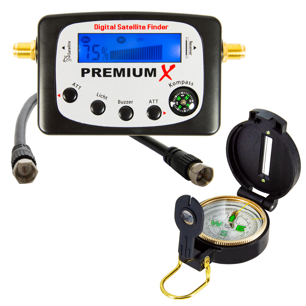 Digitaler Satellitenfinder mit Kompass und Kabeln sowie ein separater Kompass.