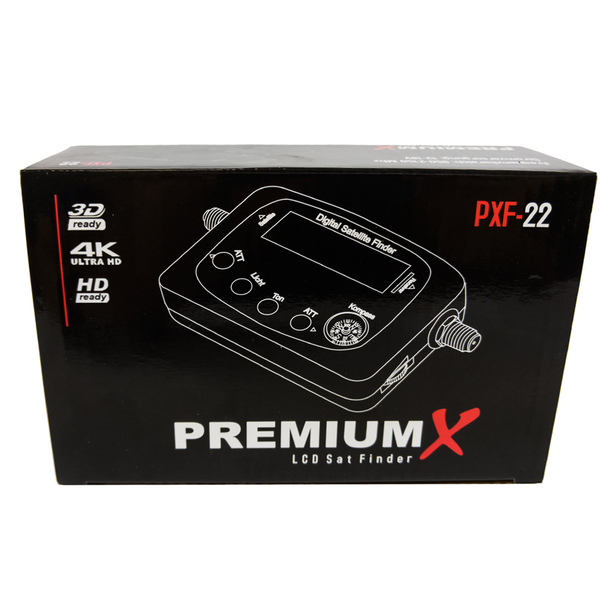 Premium X digitaler Satellitenfinder in einer Box. Merkmale 3D/4K/HD-Ready-Etiketten auf weißem Hintergrund.