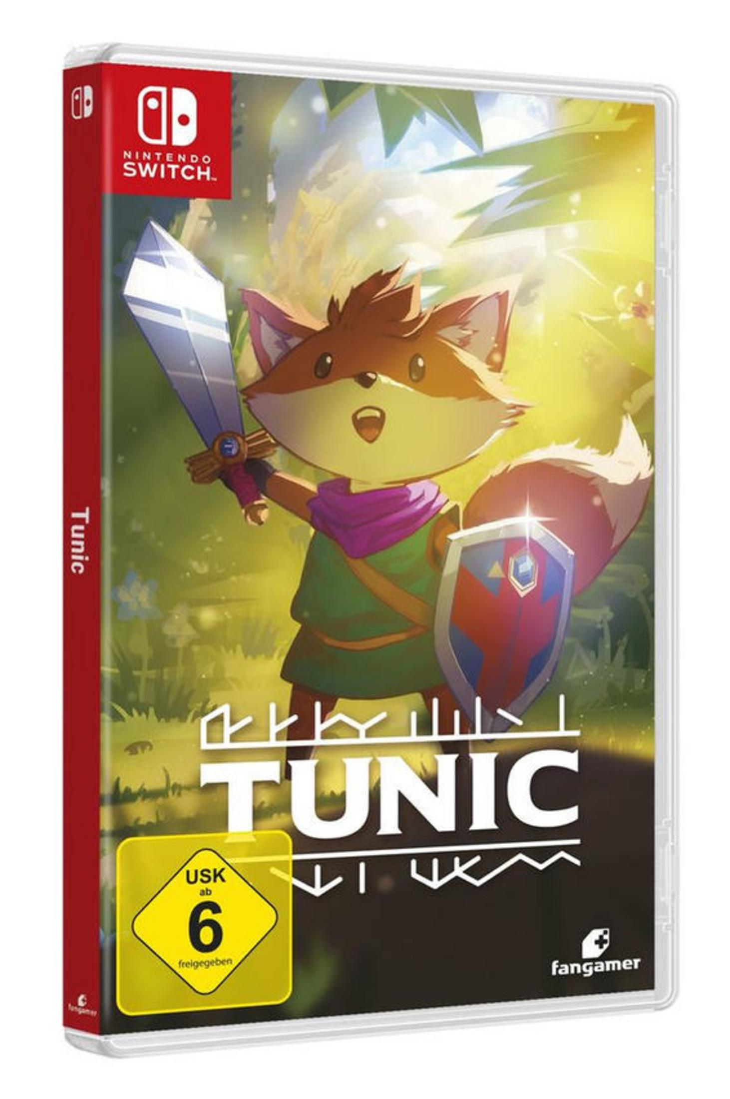 Tunic-Spielbox für Nintendo Switch. Enthält eine Fuchsfigur mit Schwert und Schild.
