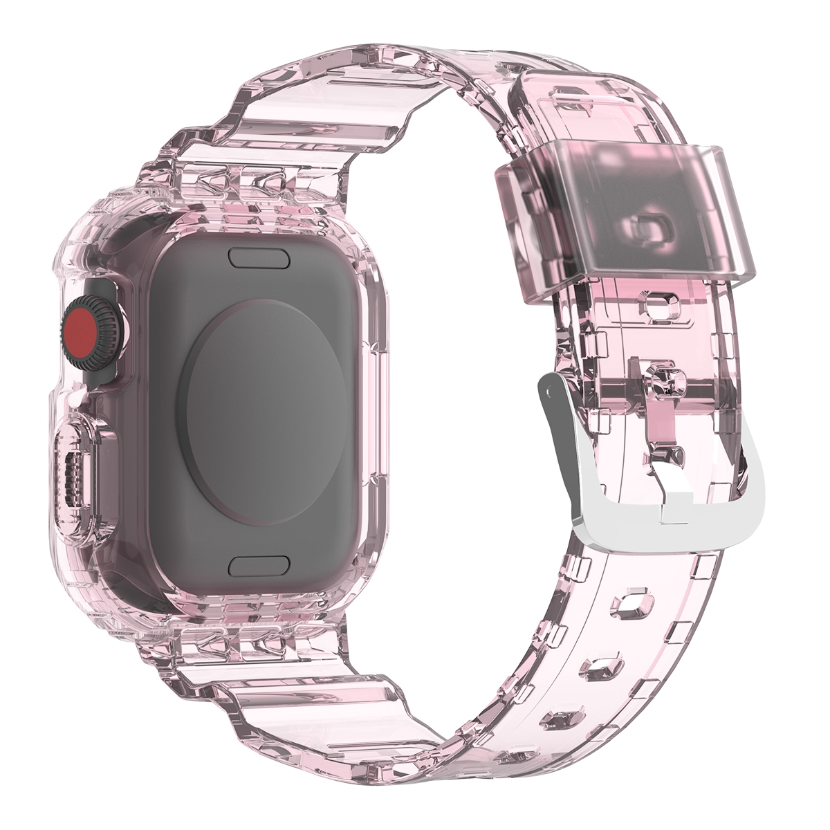 Eine rosa Uhr mit transparentem Armband, zeigt die Rückseite der Uhr.