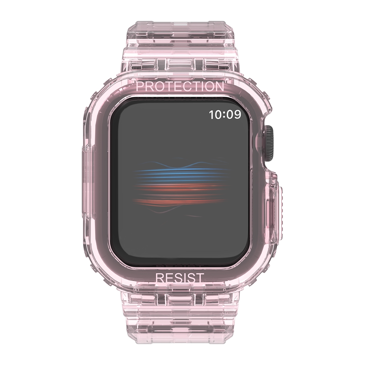 Transparente Uhrenhülle mit rosa Farbton, schützt eine Uhr. Text: PROTECTION, RESIST. Zeigt die Uhrzeit 10:09. Die Hülle ist transparent.