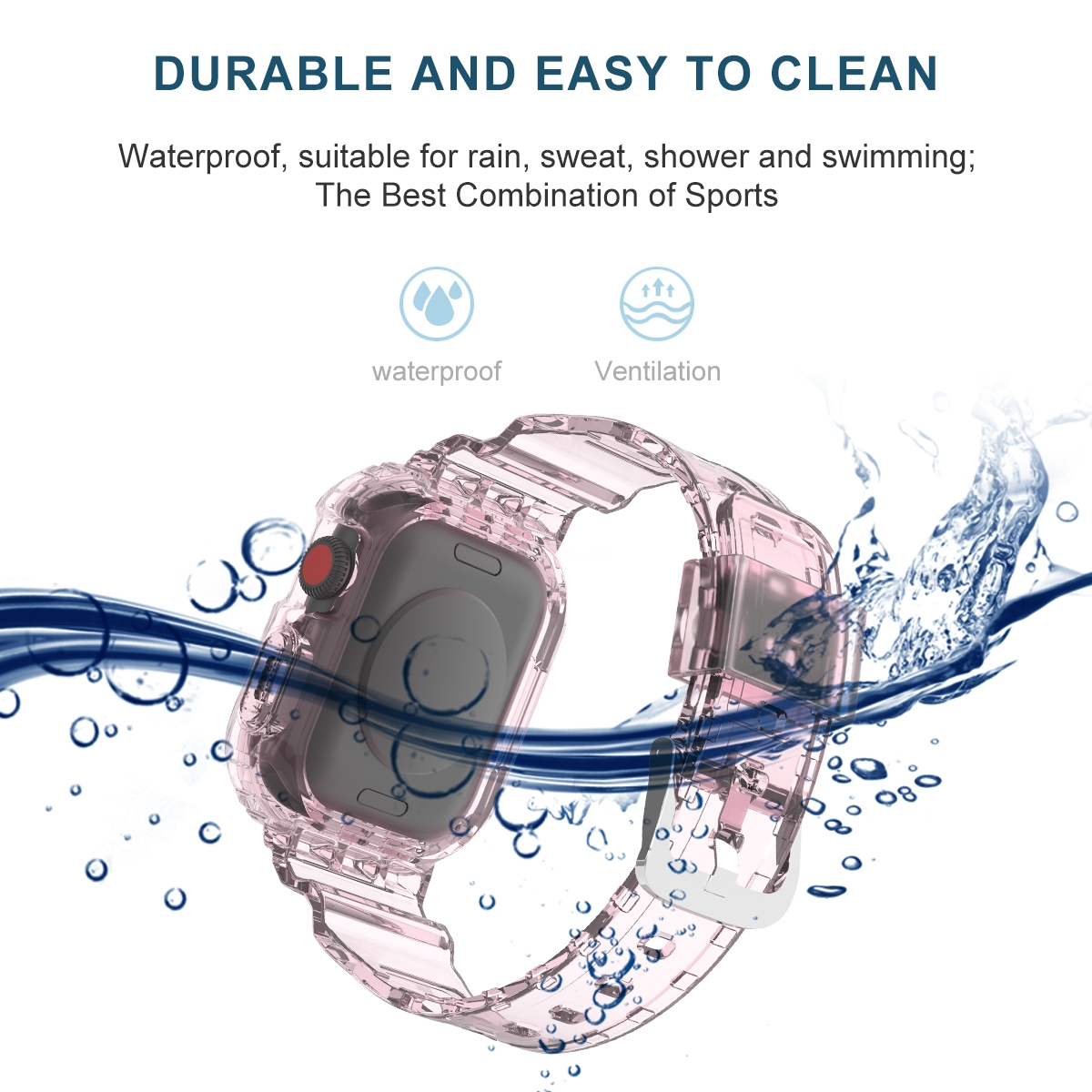 Eine rosafarbene Smartwatch in einem transparenten Gehäuse, mit Wassertropfen und Text über wasserdichte Eigenschaften.