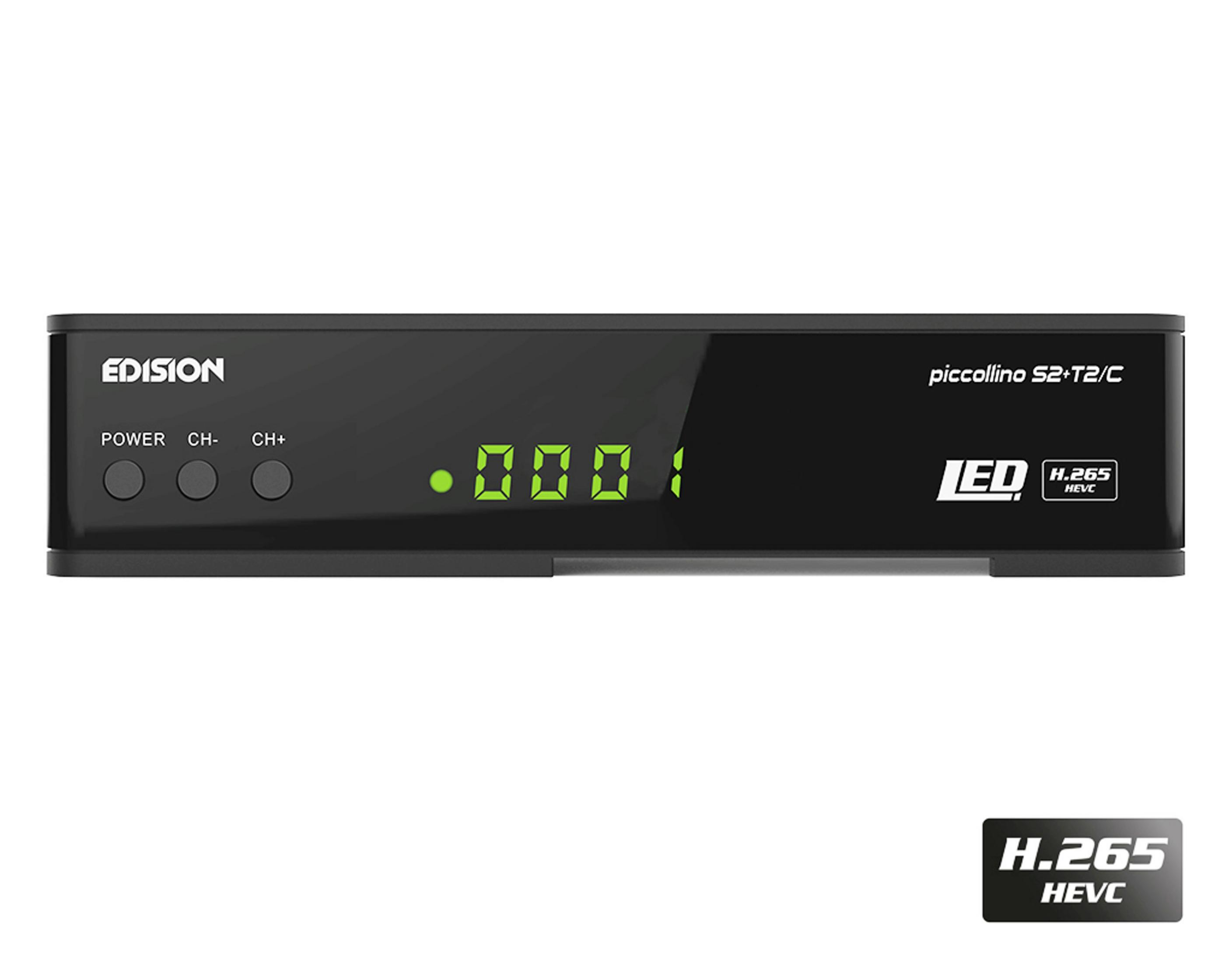 Schwarzer Digitalreceiver mit grüner Anzeige '0001' und LED H.265-Label.