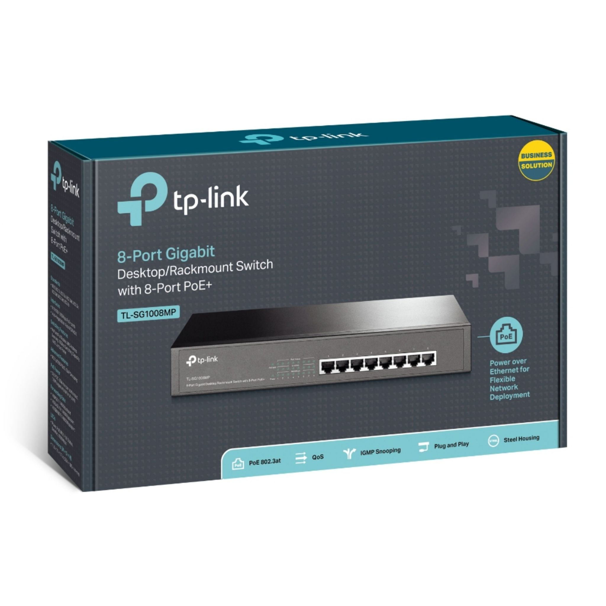 Pudełko przełącznika biurkowego gigabitowego tp-link 8-portowego z PoE+ na białym tle.