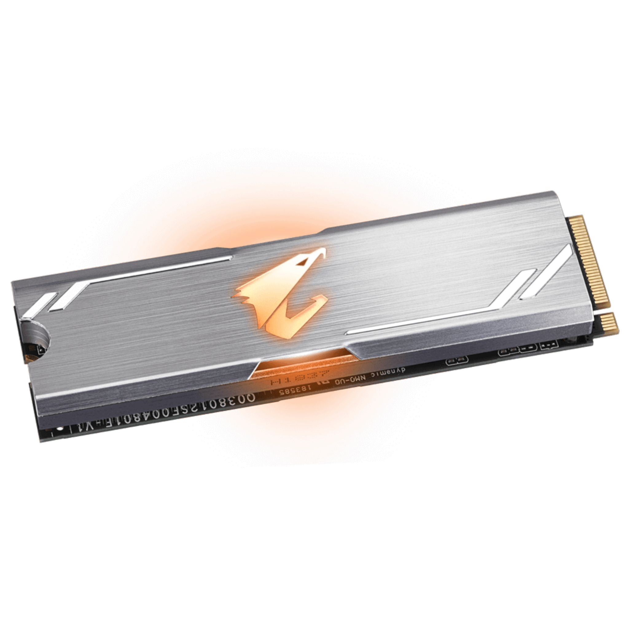 Componente del computer argentato con logo e luce arancione. Isolato su sfondo bianco.