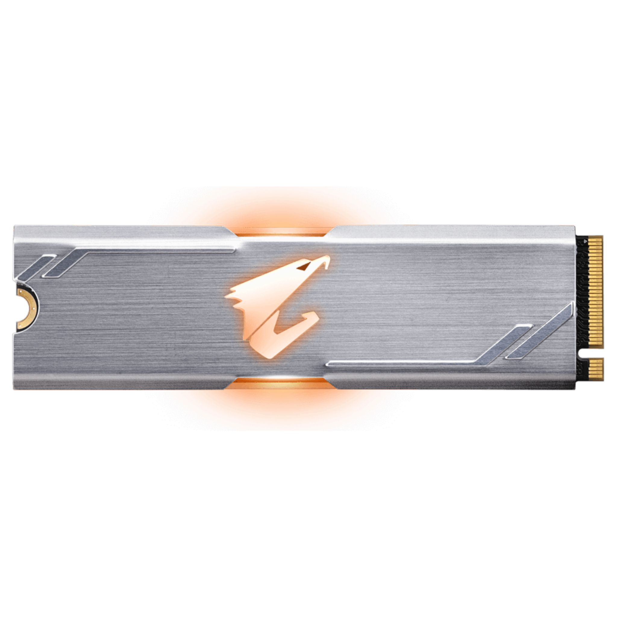 Unità SSD argentata con logo arancione luminoso.