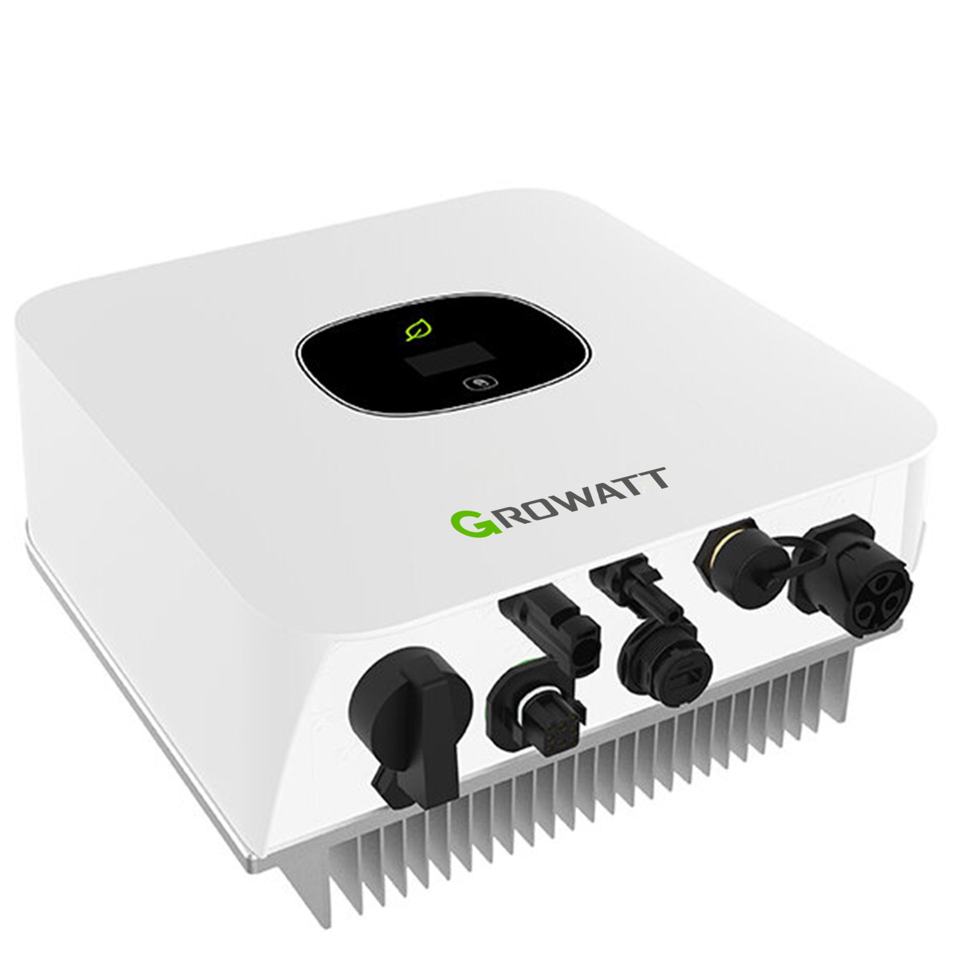 Ein weißer Growatt-Solarwechselrichter, Anschlüsse und ein schwarzes Display. Das Growatt-Logo ist grün.
