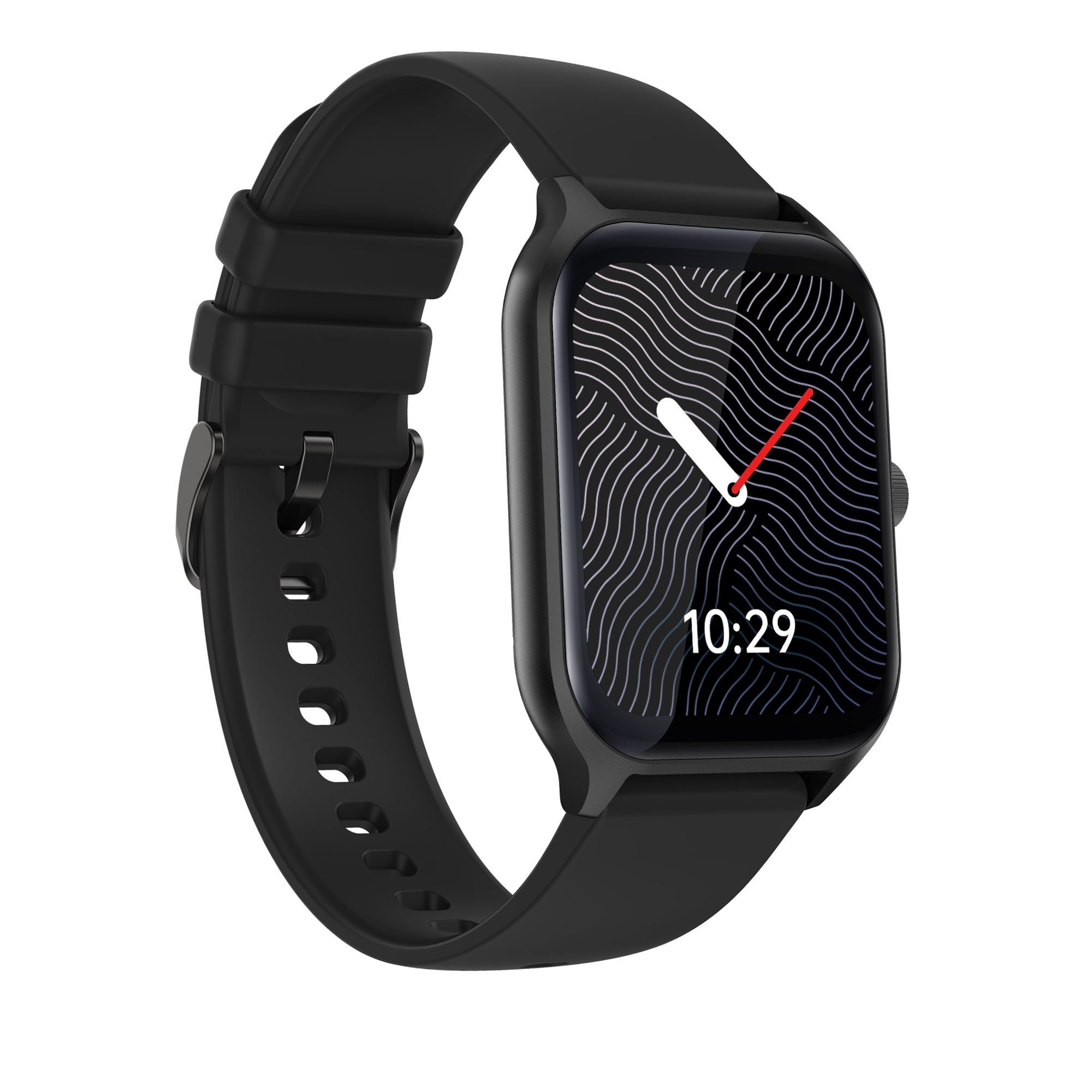 Schwarze Smartwatch mit schwarzem Armband, zeigt 10:29 auf dem Bildschirm.