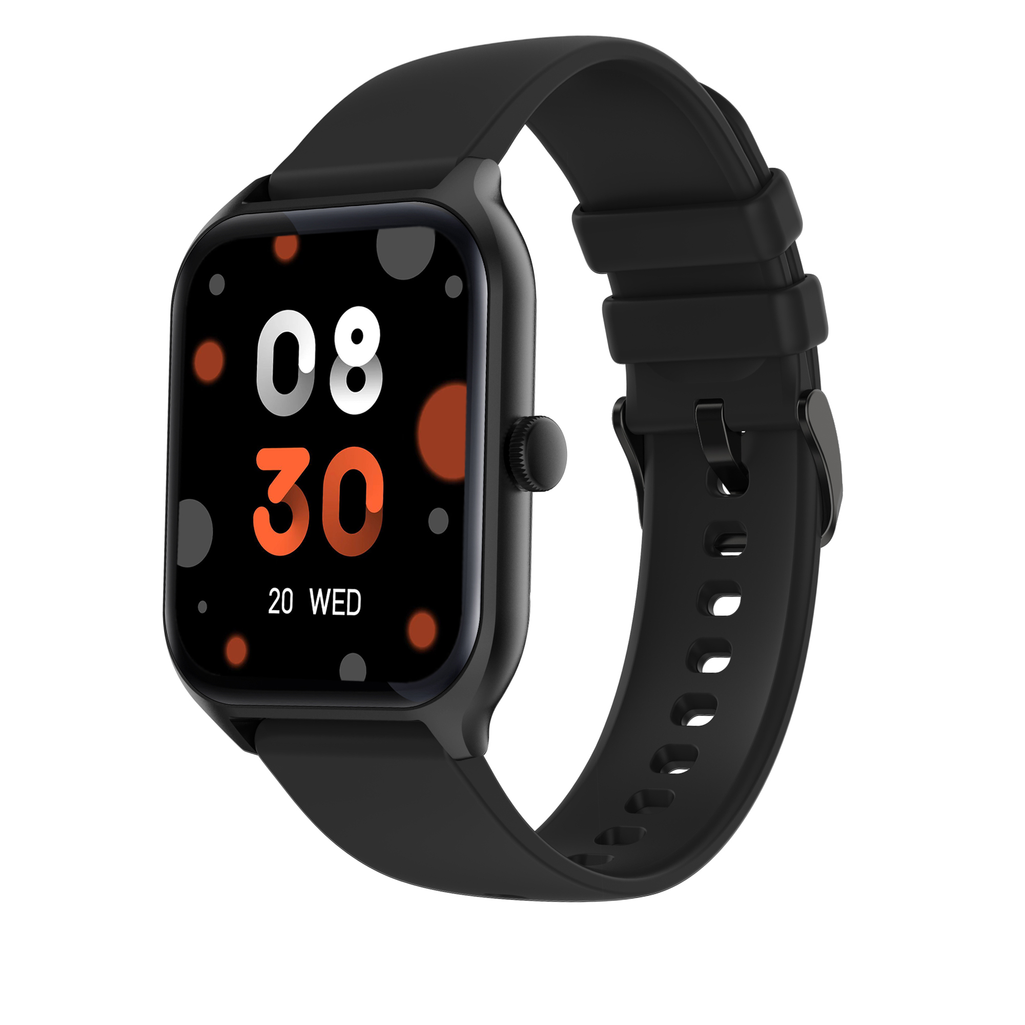 Eine schwarze Smartwatch mit rundem Zifferblatt zeigt die Uhrzeit: 08:30.