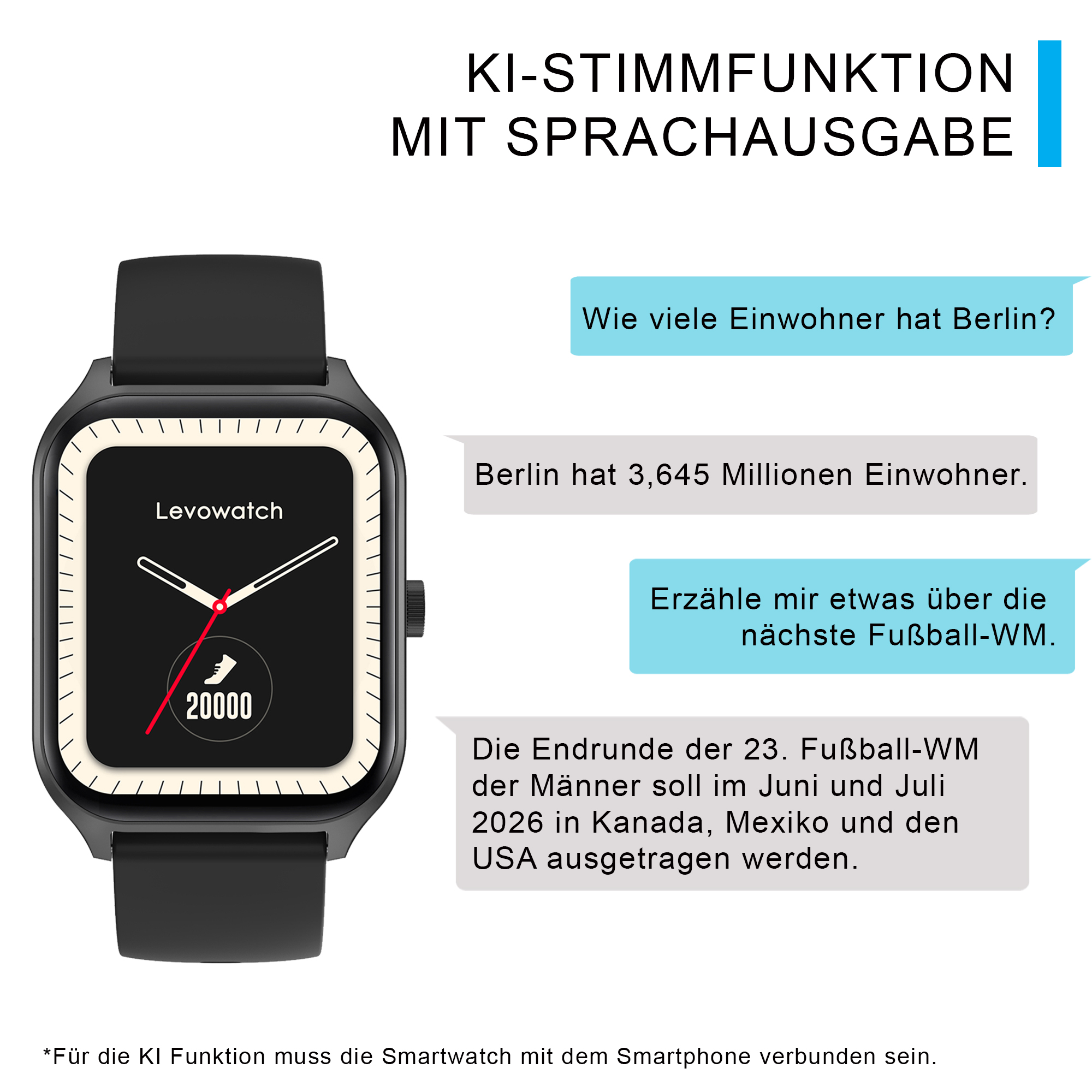 Eine Smartwatch mit Text über Sprachassistentenfunktionen auf Deutsch, mit schwarzem Armband und Bildschirm.