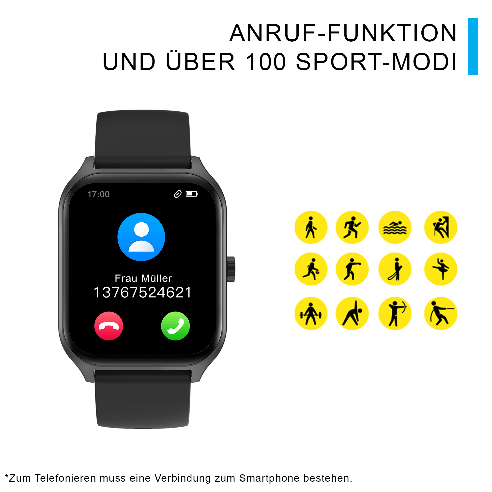 Smartwatch mit Anruffunktion, Anzeige eines Kontakts und der Uhrzeit. Symbole für verschiedene Sportarten.