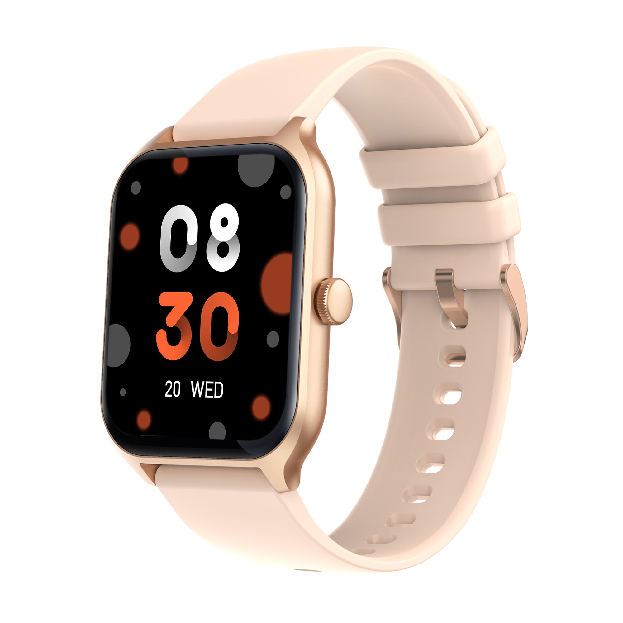 Eine goldene Smartwatch mit hellrosa Armband. Der Bildschirm zeigt die Uhrzeit und das Datum an.