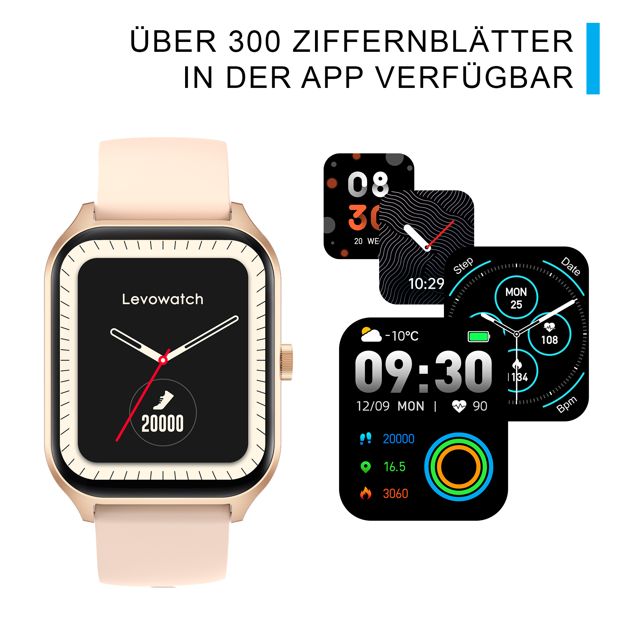 Smartwatch mit hellgoldenem Gehäuse, das mehrere Zifferblätter mit Schritten und anderen Daten anzeigt.