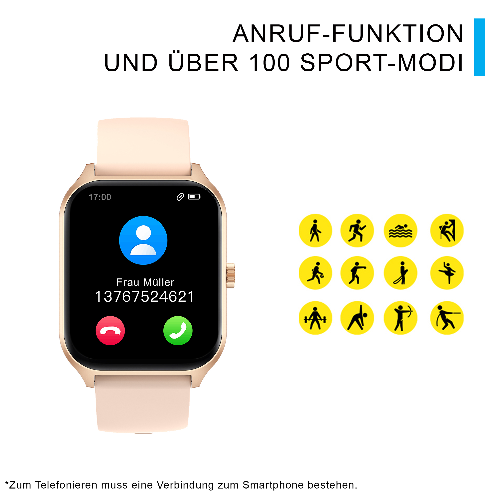 Smartwatch mit Anrufschnittstelle und Sportmodus-Symbolen, zeigt Kontakt.